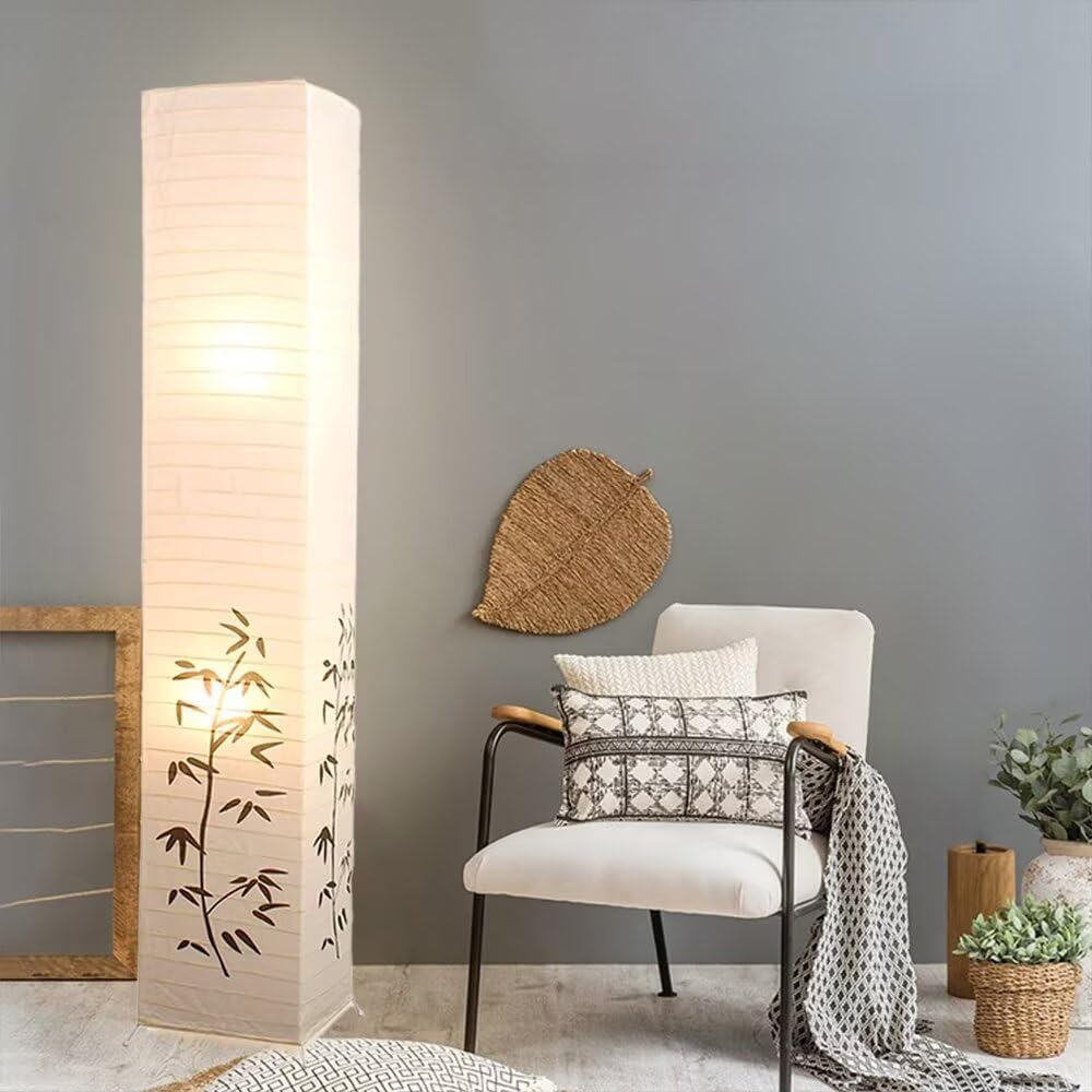 Handmade Paper Floor Lamp with Bamboo Print Nordic Style Paper Standing Lamp Floor Bedside Lamp Floor Lighting Decorative Floor Light for Bedroom, Living Room