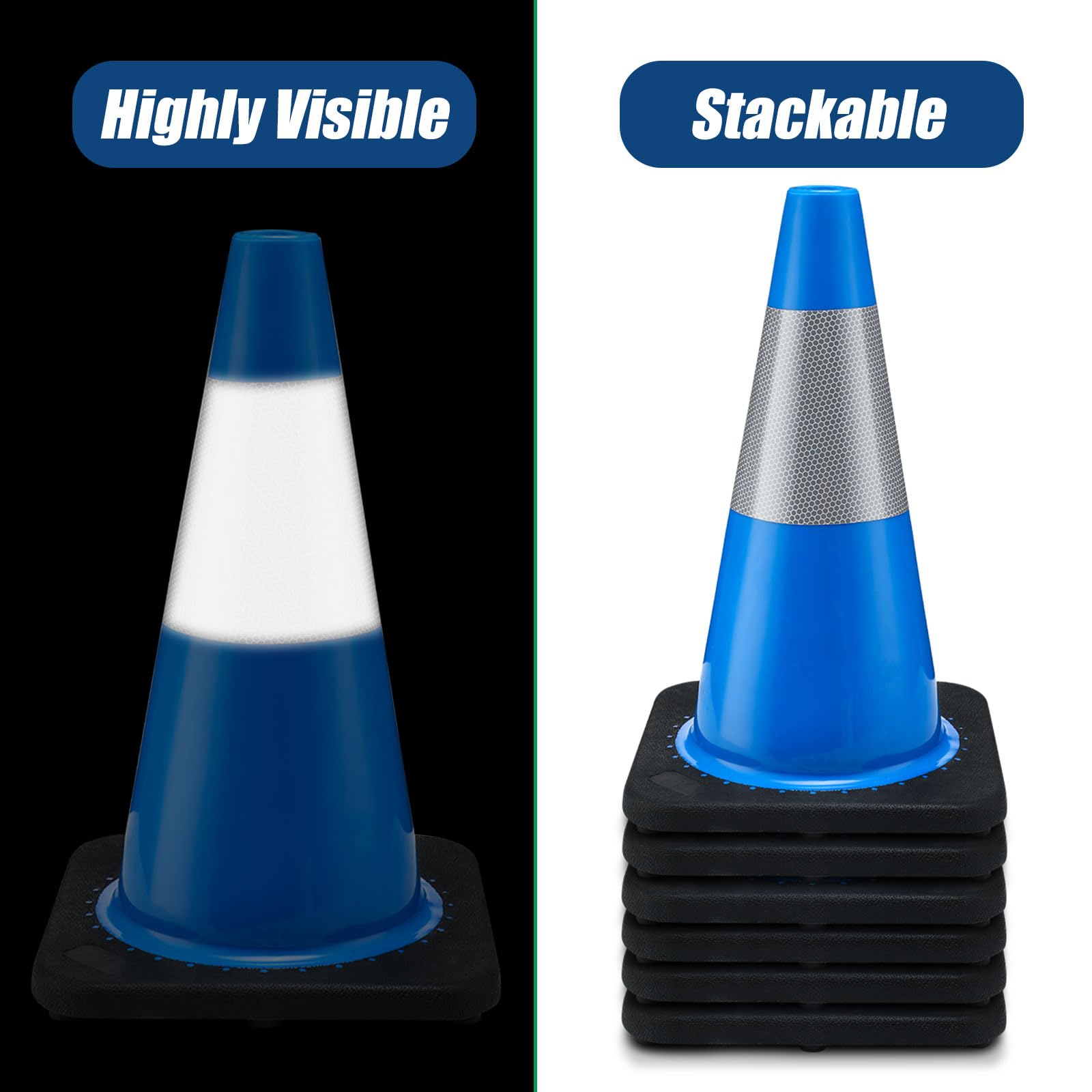 Copkim - 6 conos de seguridad de tráfico de PVC de plástico con base negra y collares reflectantes, conos de conducción para peligros de calle, entrenamiento, construcción de carreteras,