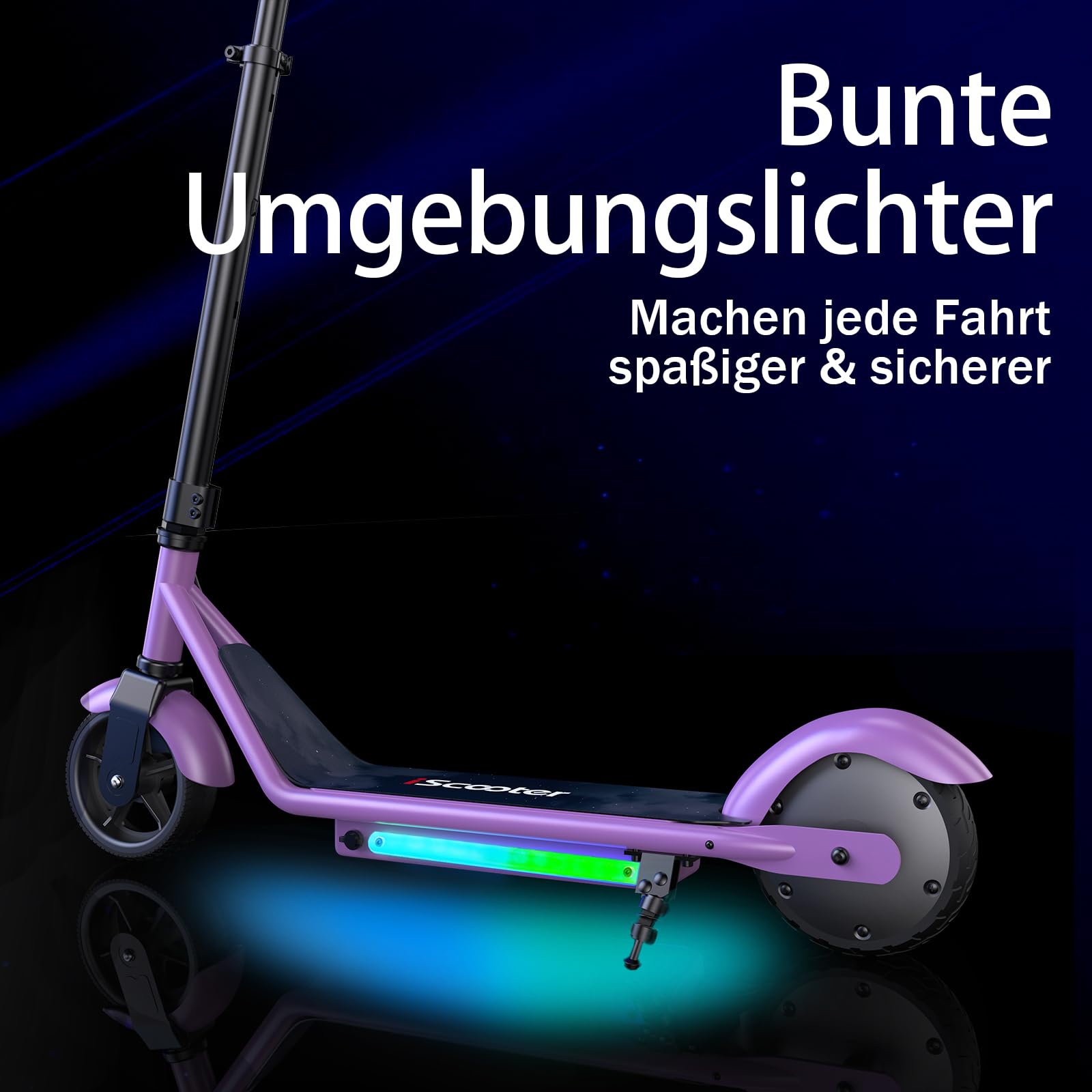 iScooter E Scooter für Kinder von 6-12 Jahren, 6" Elektroroller mit Bunte Lichter & 3 Höhenstufen einstellbar, 5.5" Leicht Kinder E Roller mit leuchtendem Vorderrad, 3/2 modi 5-16 km/h