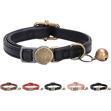 THAIN Leather Cat Collar with Bell Breakaway- Adjustable, Durable, Retro Bell fit Most Cats and Kittens Black