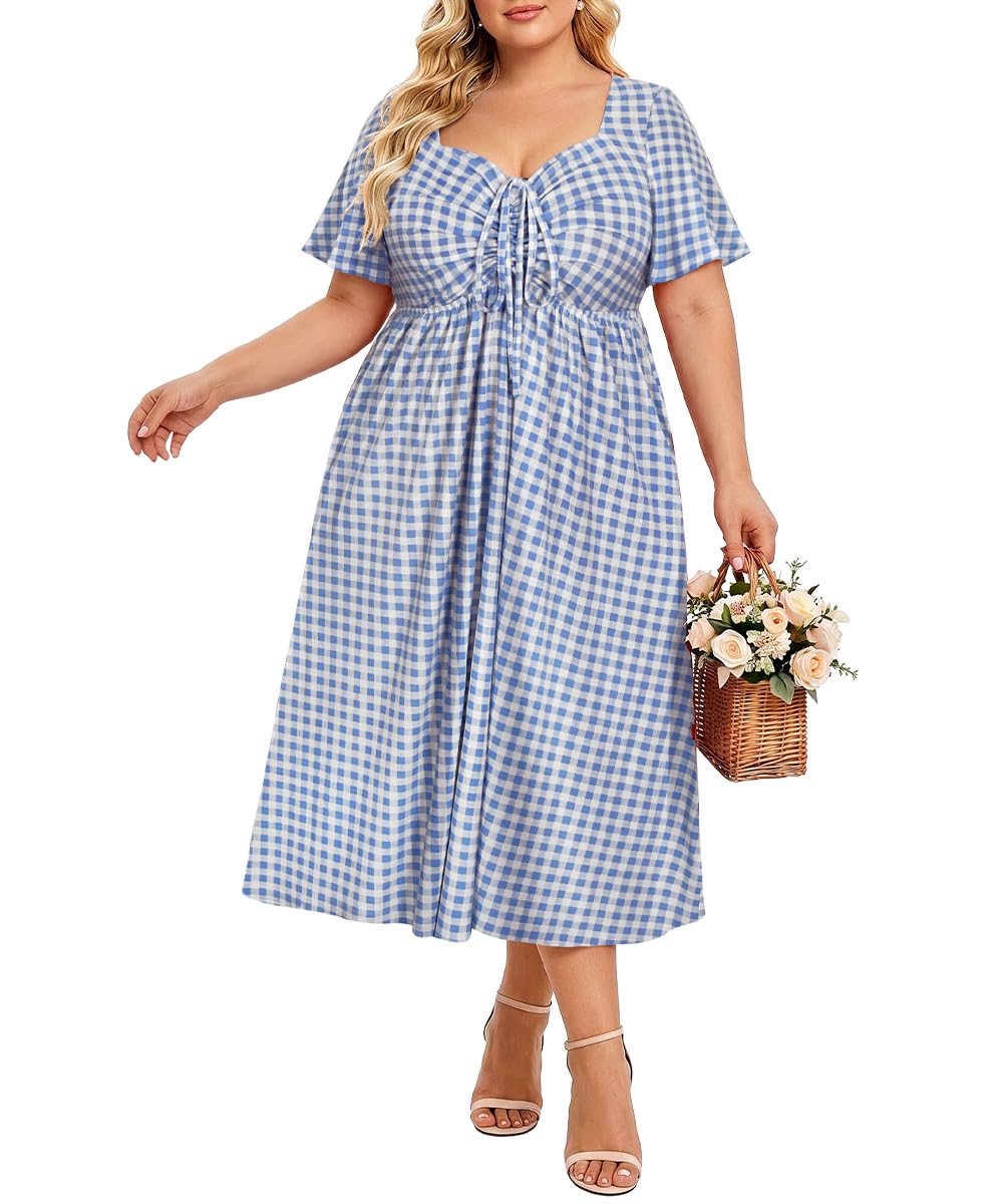 CARCOS Plus Size Dresses for Curvy Women Tie Sweetheart Neck Summer Maxi Dress Short Sleeve Empire Waist Floral Boho Dress