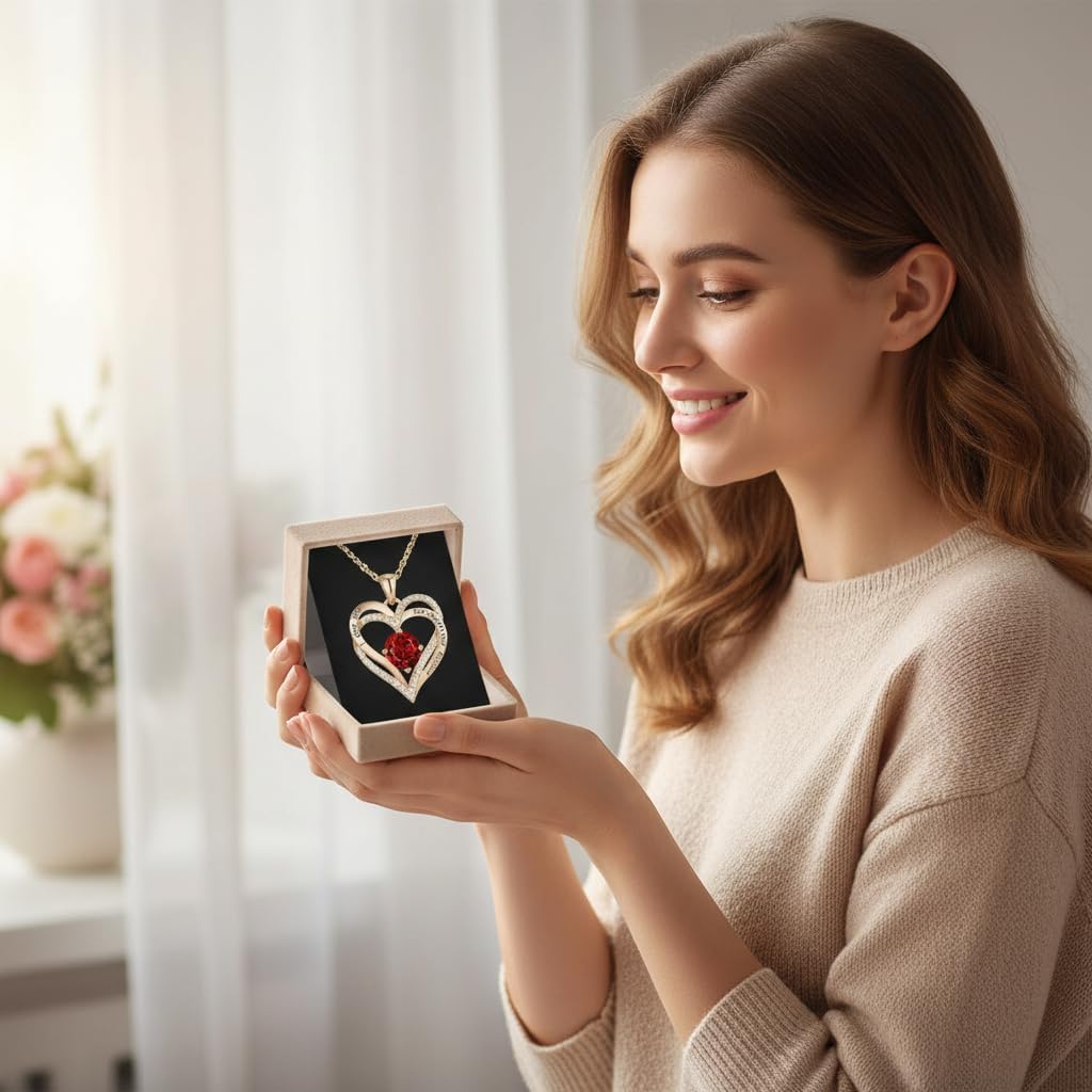 Flower Heart Moissanite Emerlad Birthstone Jewelry Necklaces, S925 Silver Pendant for Women, 18K Gold Plated Jewelry for Her Wife Girlfriend Daughter Mom for Anniversary Birthday Gift - Red - Image 5