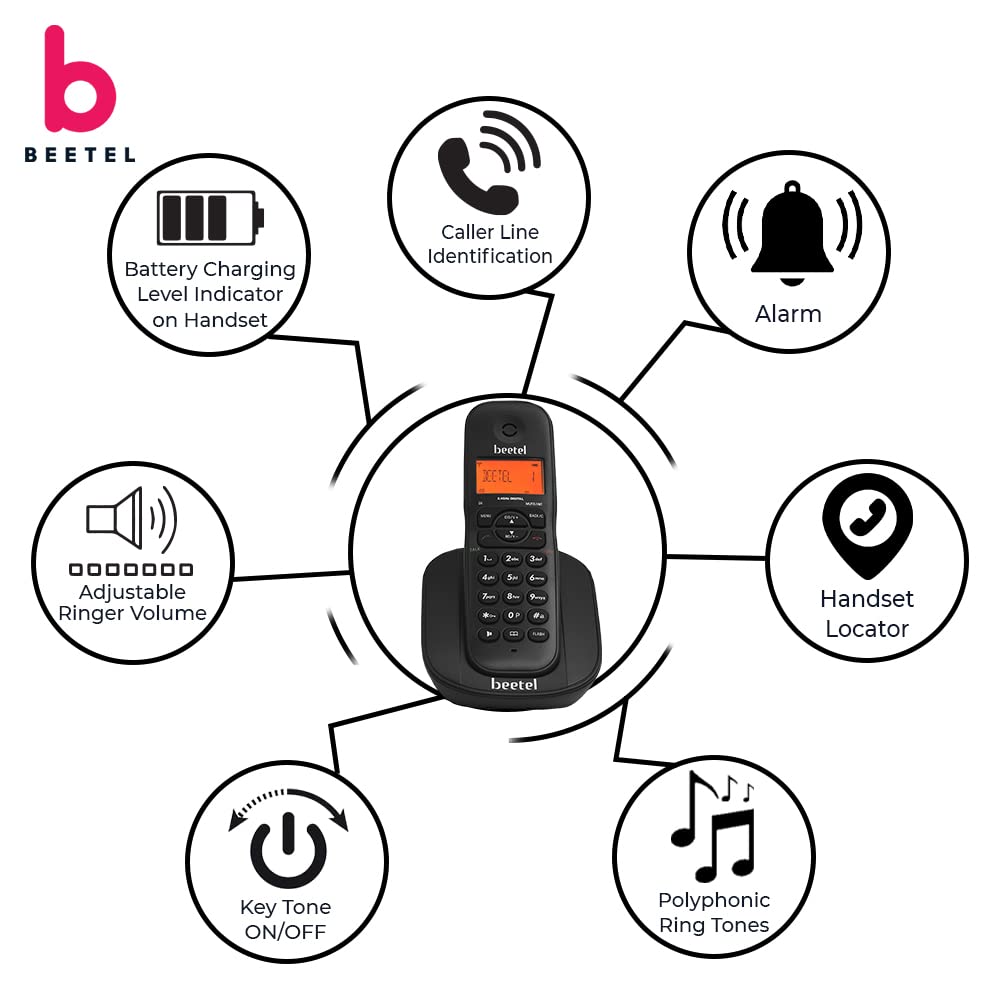 Beetel X73N Cordless 2.4Ghz Cordless Landline Phone with Caller ID Display, 2-Way Speaker Phone with Volume Controls, Auto Answer, Alarm Function, Stylish Design (Black)(X73N) — Amazon image 5