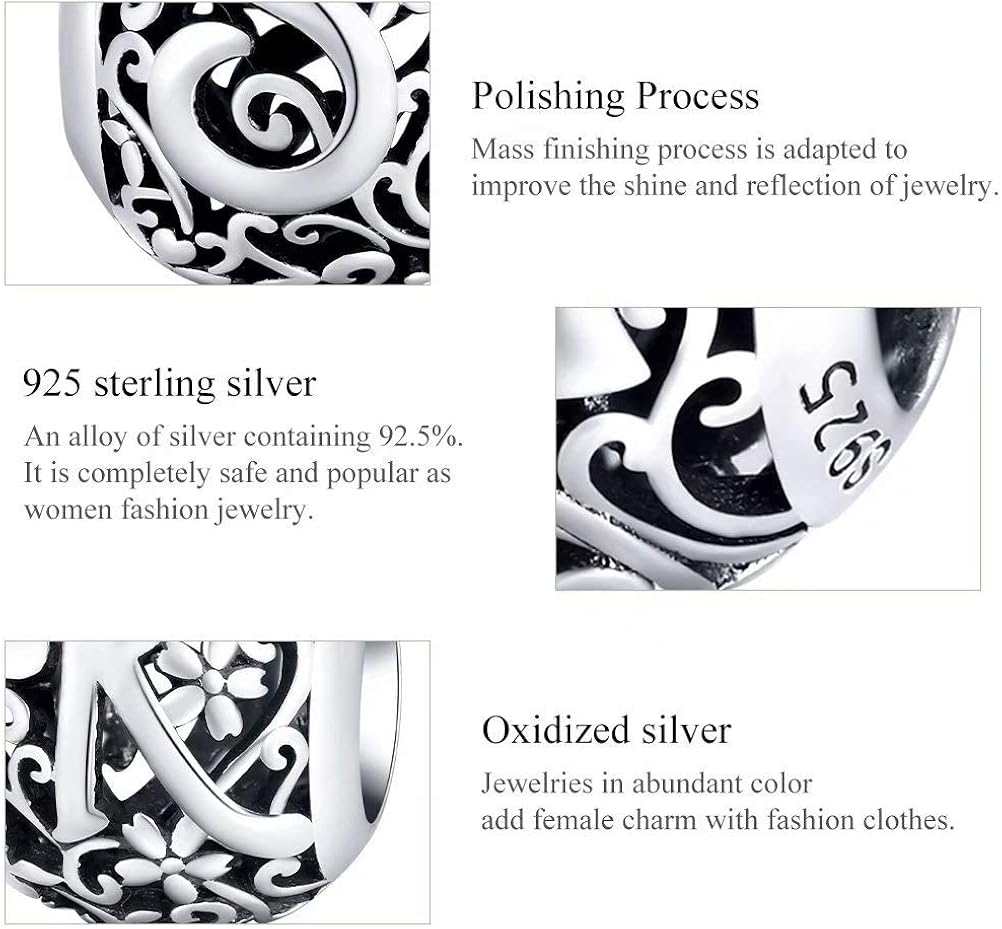 Miniatura 5 de Presentski - Abalorio de plata de ley 925 para pulseras collar inicial alfabeto calado letras alfabeto alfabeto letras letras A-Z