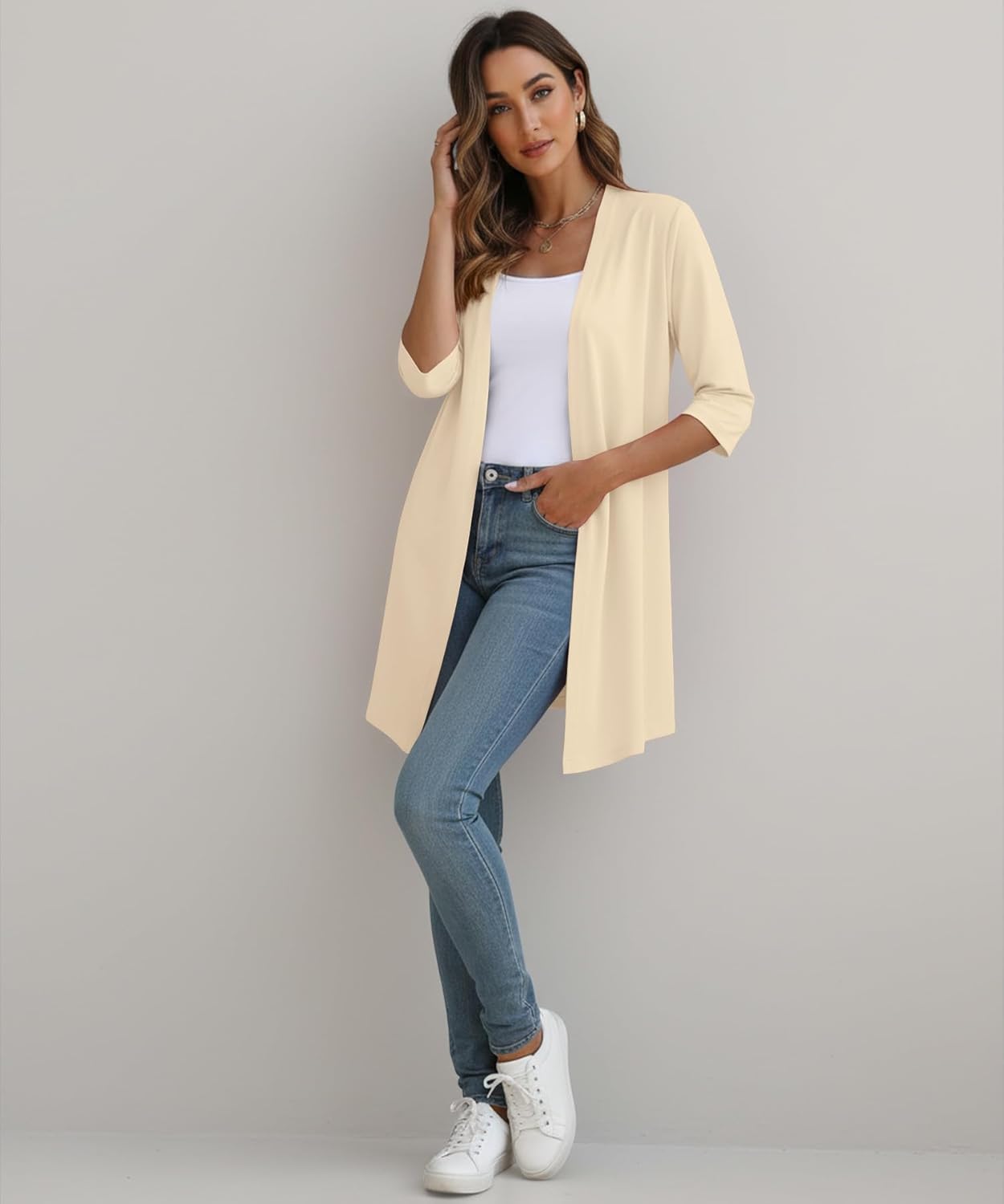 Womens Open Front Long Cardigan 3/4 Sleeve Lightweight Knit Cardigan Casual Layering Spring Summer - Image 4