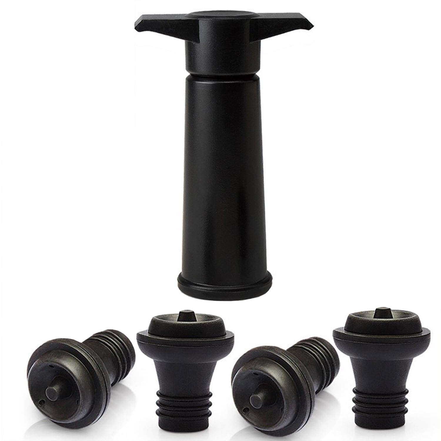 FUZVOL 4 PCS Wine Bottle Stopper with Wine Saver Vacuum Pump,Silicone Vacuum Champagne Wine Stoppers,Reusable Keeps Wine Fresh Saver Seal Stopper(Black)