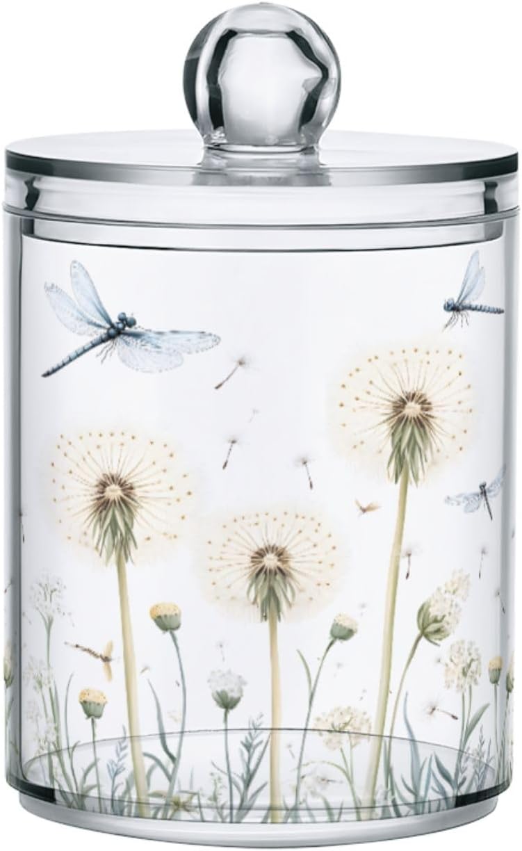 MNSRUU 4 Pack Qtip Holder Organizer Dispenser Dandelions with Dragonflies Pink Bathroom Storage Canister Cotton Ball Holder Bathroom Containers for Cotton Swabs/Pads/Floss