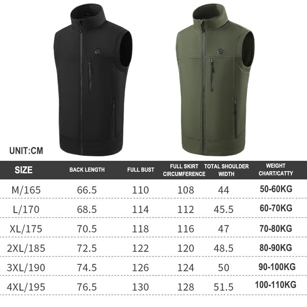 Chaleco Térmico para Hombre y Mujer, Chaleco Eléctrico Calefactable con 3 Ajustes Temperatura Calentamiento Rápido 10s 5V Seguro Lavable Impermeable al Viento Army Green XL