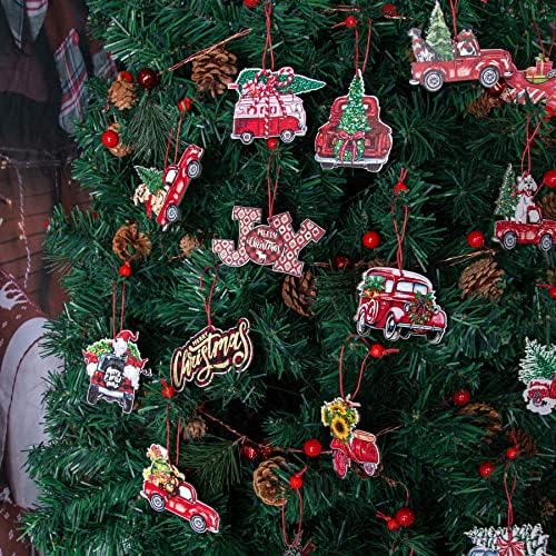 LAWOHO 16 Pieces of Christmas Ornaments Red Truck Retro Christmas Tree Gift Box Country Farmhouse Hanging Crafts Wooden Crafts with Red String