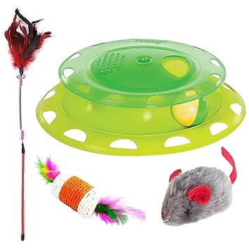 Emily Pets Cat Combo Toy 1 Levels Pet Cat Toy Funny Tower Tracks Toys Training Cat Ball Toys with, Feather Cat Toy Cat Stick,Cat Interactive Toy ,Plush Mouse Toy (Pack of 4,Color May Vary)
