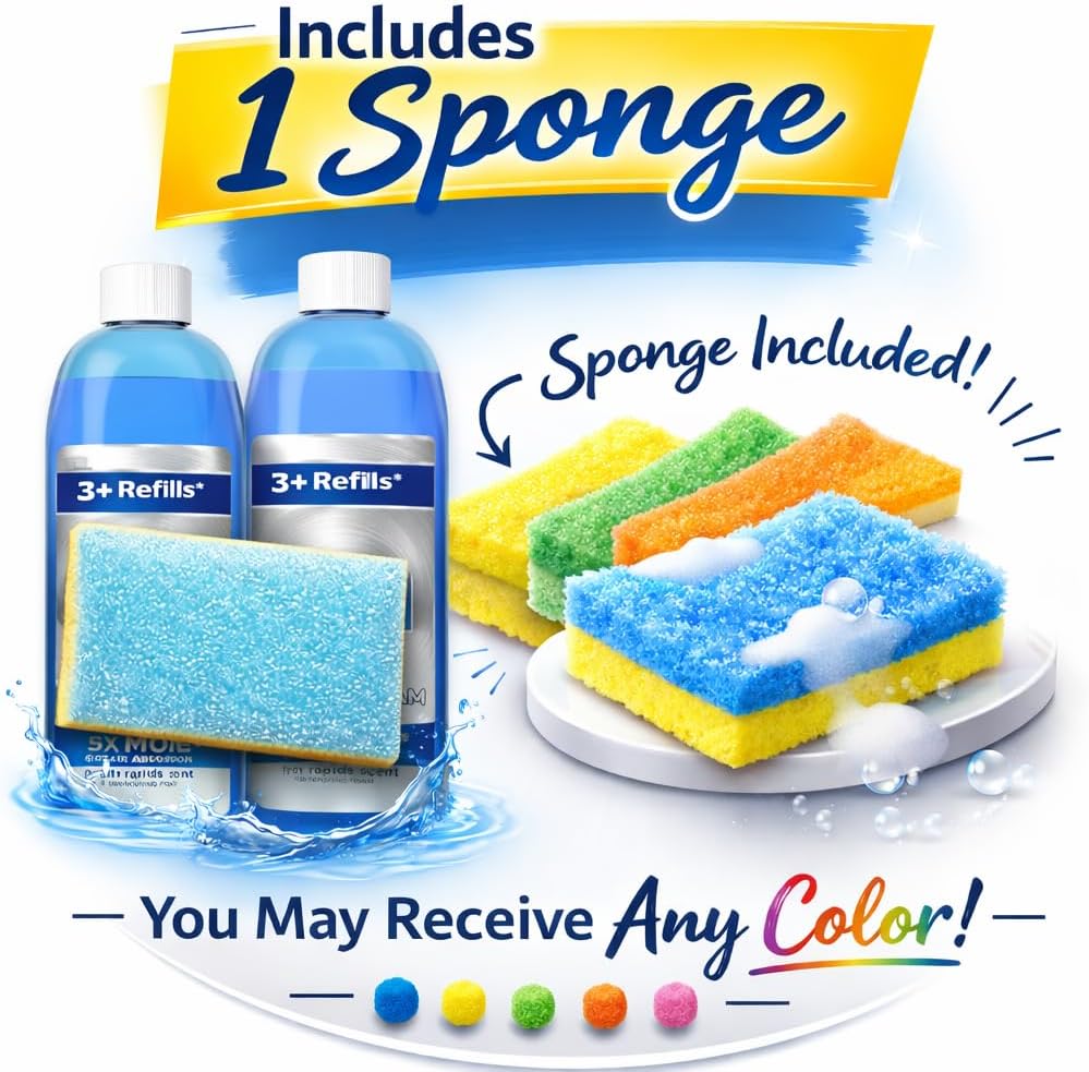 Foaming Dish Soap Refill, 2 Bottles (30.9 fl oz Each) + Dual-Sided Non-Scratch Daddy Sponge – Grease-Fighting Foam Dish Soap, Fresh Rapids Scent