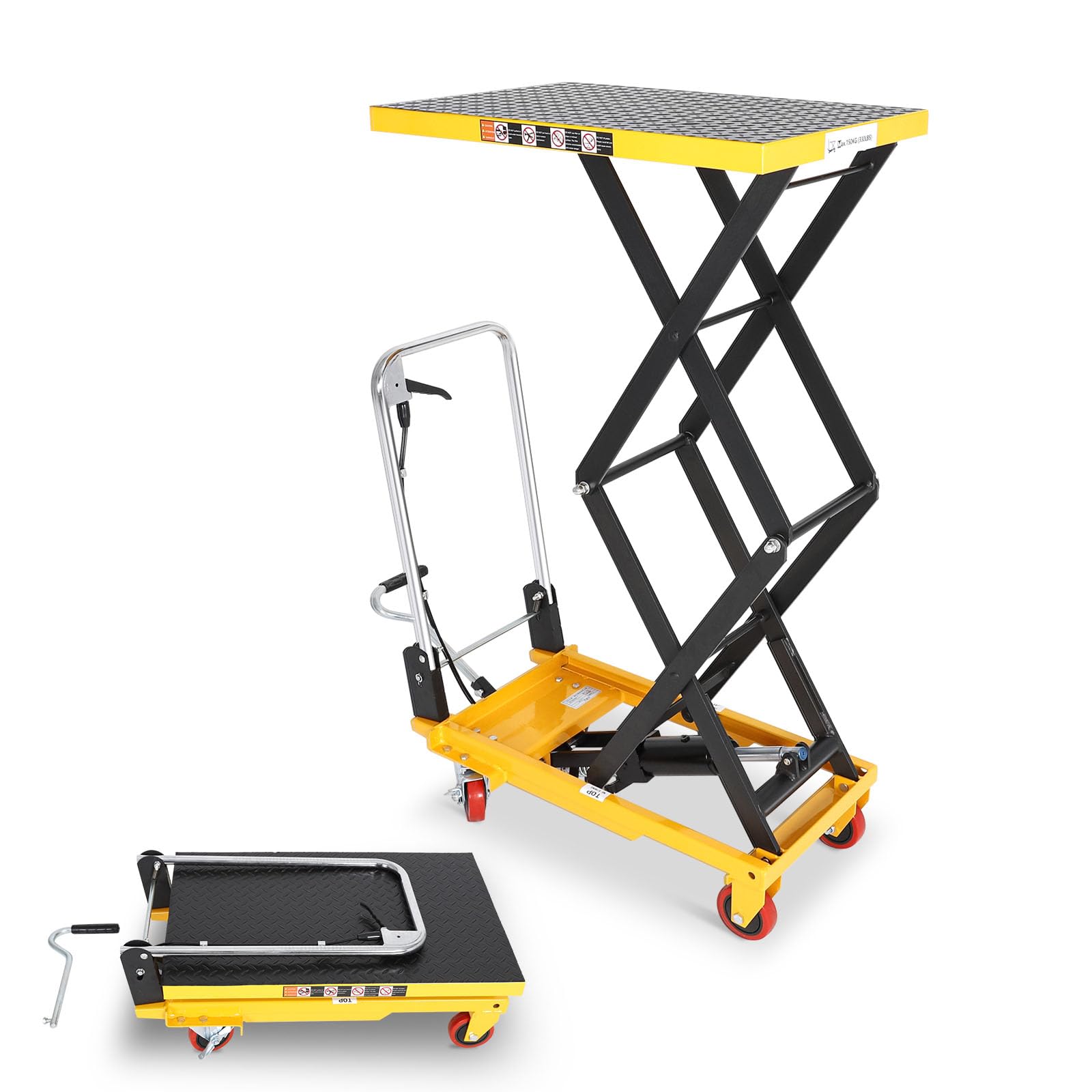 Double Scissor Hydraulic Lift Table Cart with Foldable Handle, 330 lbs Capacity, 11"–50" Lifting Range Manual Hydraulic Lift Cart with Anti-Slip Platform & 4 Wheels for Material Handling