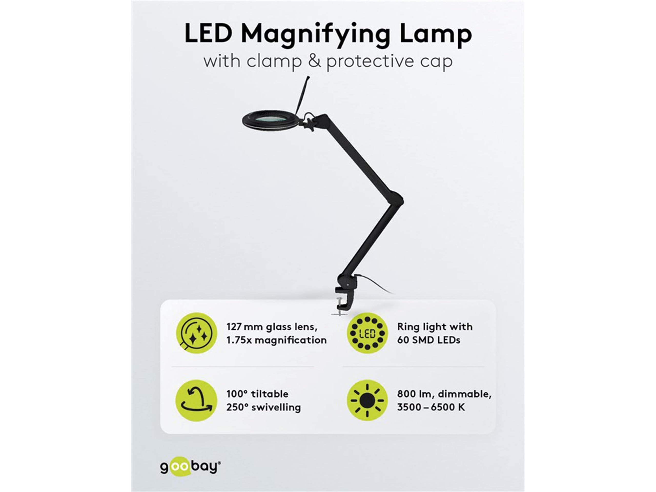 goobay 64986 Lámpara aumento LED 10W 800lm/ pinza/lente cristal 127mm 1,75 aumentos/lupa trabajo cosmética, soldadura, manualidades, leer/brazo articulado/lámpara sobremesa