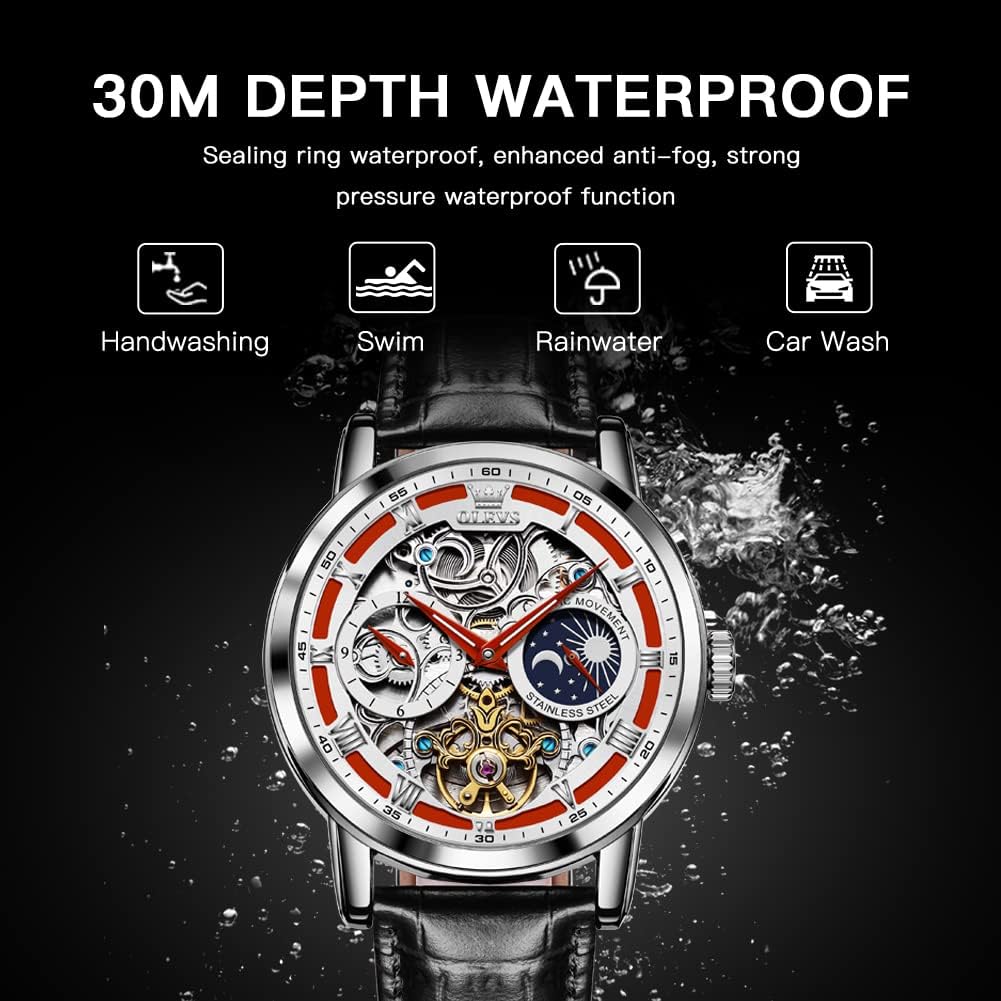 OLEVS Skeleton Watches for Mens Automatic Mechanical Self Winding Tourbillon Leather Strap Luxury Dress Moon Phase Wrist Watches Waterproof Luminous - Image 4