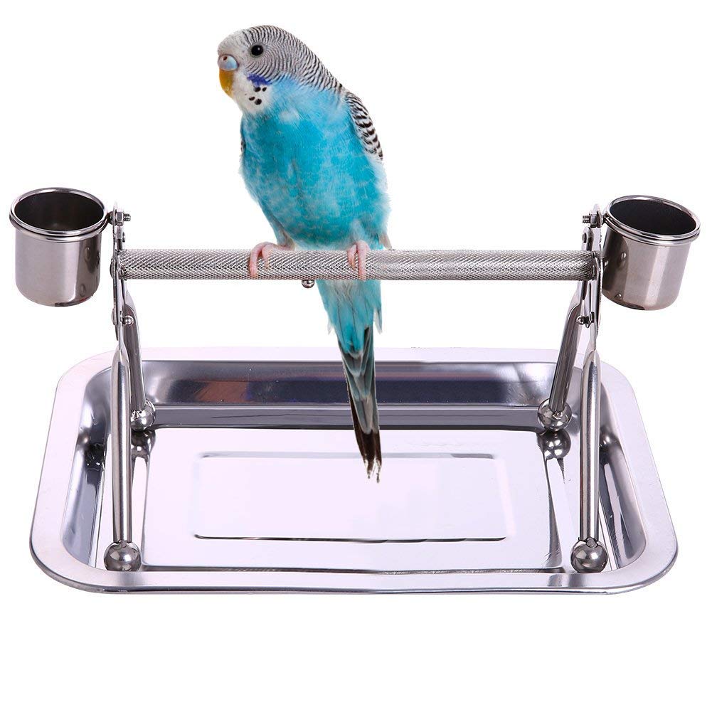Litewood Bird Perch Stand Stainless Steel Table Rack with Feeder Cups Tray for Budgie Parakeet Cockatiel Conure Finch