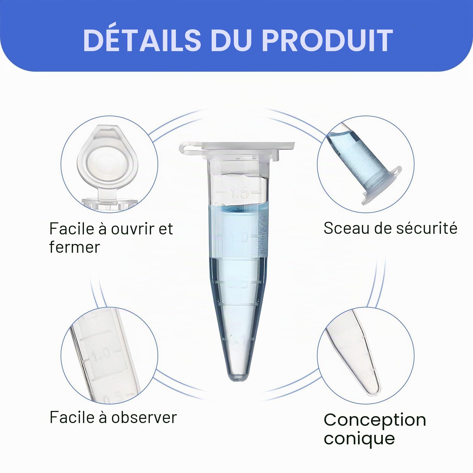 Lot de 70 1.5ml Tube à Centrifuger, Tubes à Essai en Plastique, Flacons Coniques pour Laboratoire, Idéal pour le Stockage des Échantillons et la Centrifugation