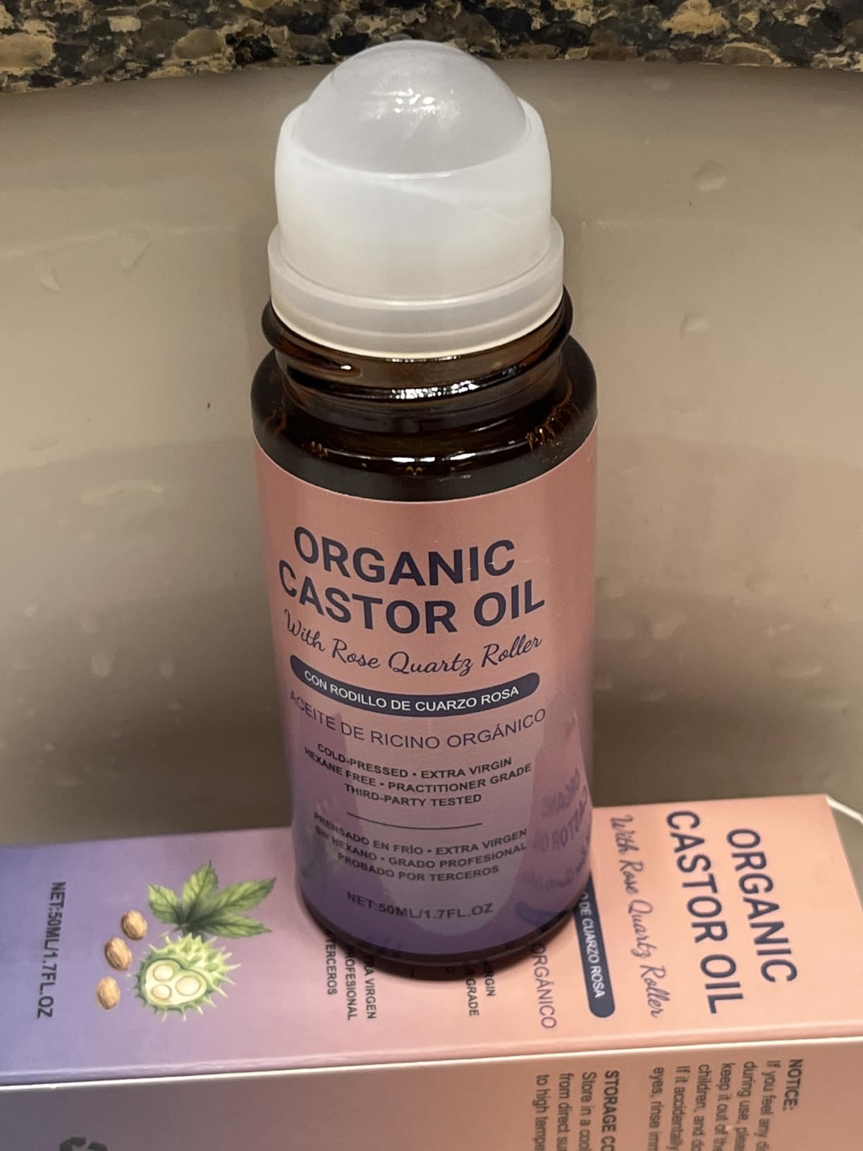 Aiwejay Organic Castor Oil Roll-On with Rose Quartz, 100% Pure Cold-Pressed & Unrefined, Hexane-Free, For skin, Eyebrows and Eyelashes, 50mL (1.7oz)