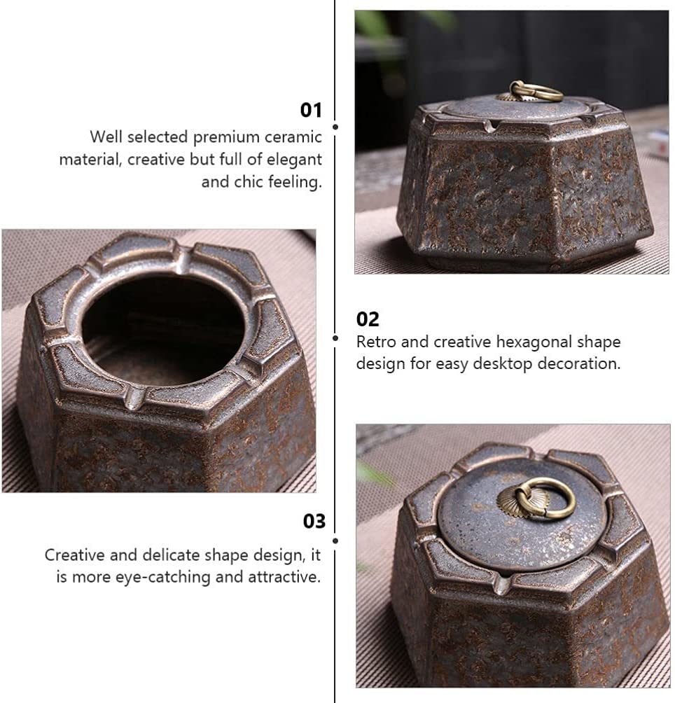 Portacenere Posacenere con Coperchio in Ceramica Posacenere da Esterno Posacenere Esagonale Posacenere retrò Posacenere in Ceramica Grezza Decorazione familiare Decorazioni