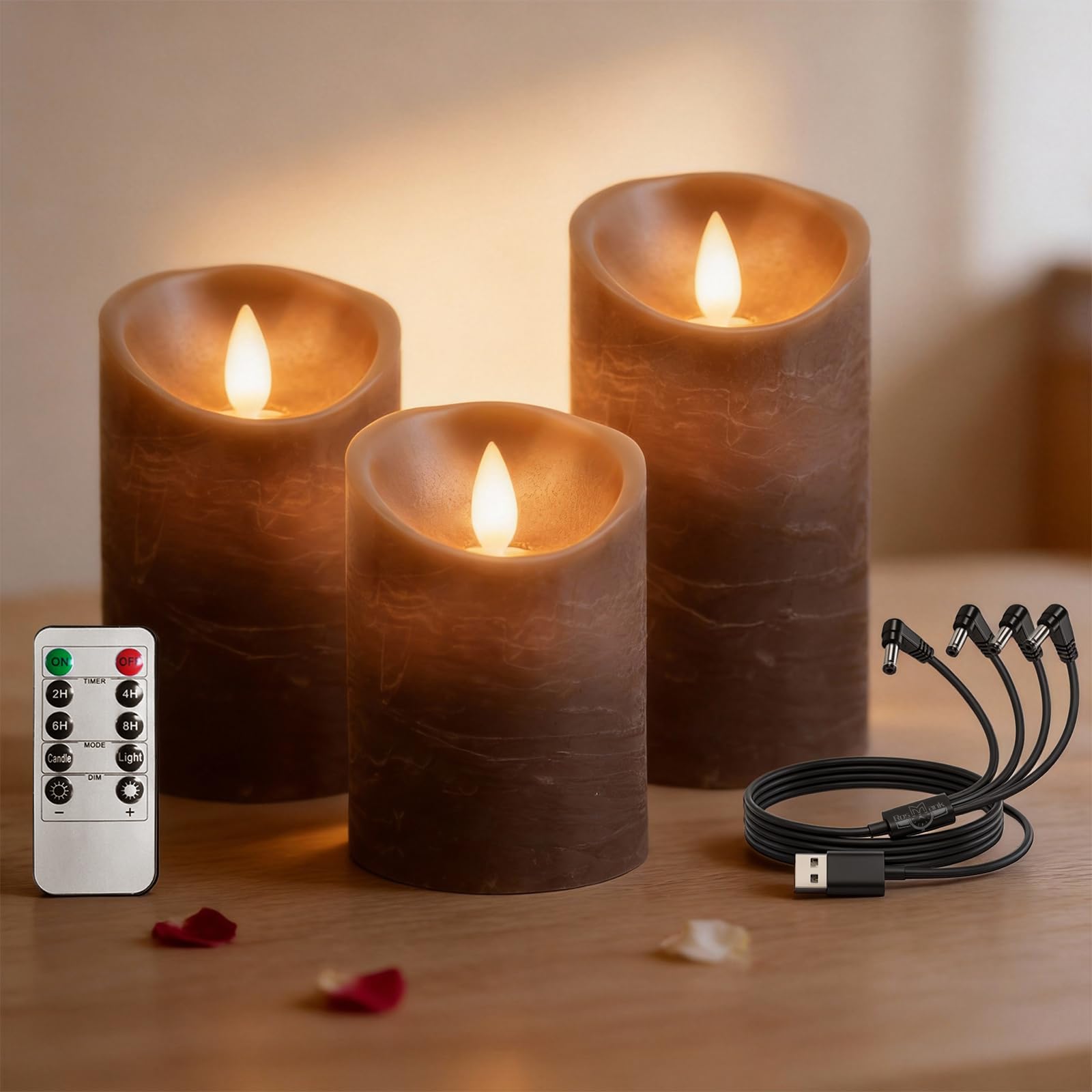 Lot de 3 Bougies LED pour Intérieur et Extérieur avec Télécommande à 10 Touches, sans Flamme, Cire Véritable, Effet Flamme Vacillante, Décoration pour Noël, Anniversaire, Mariage, Fête, Marron