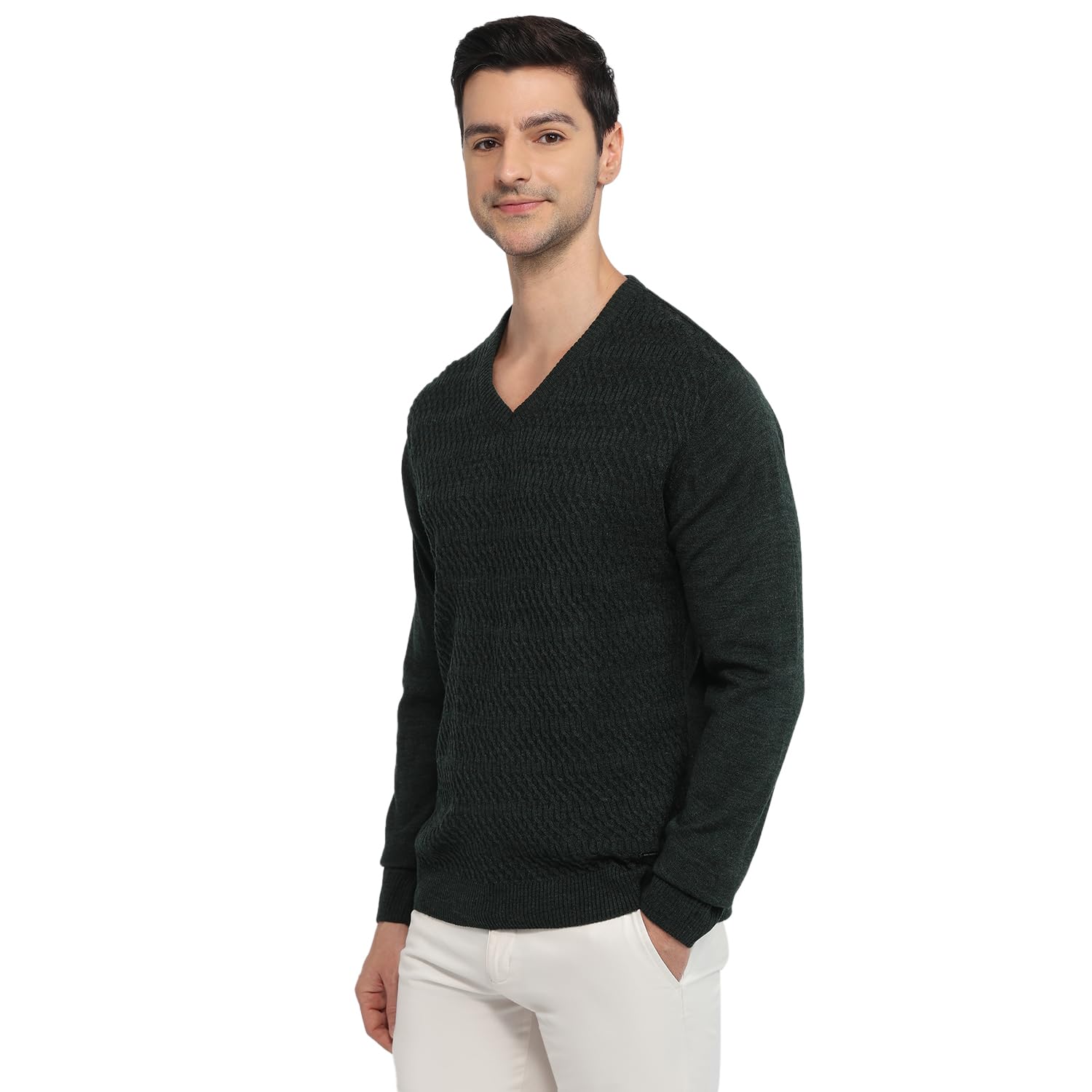 park avenue Men Regular Fit Structure Pattern Pure Acrylic Full Sleeve V Neck Casual Winter Wear Green-picture-26