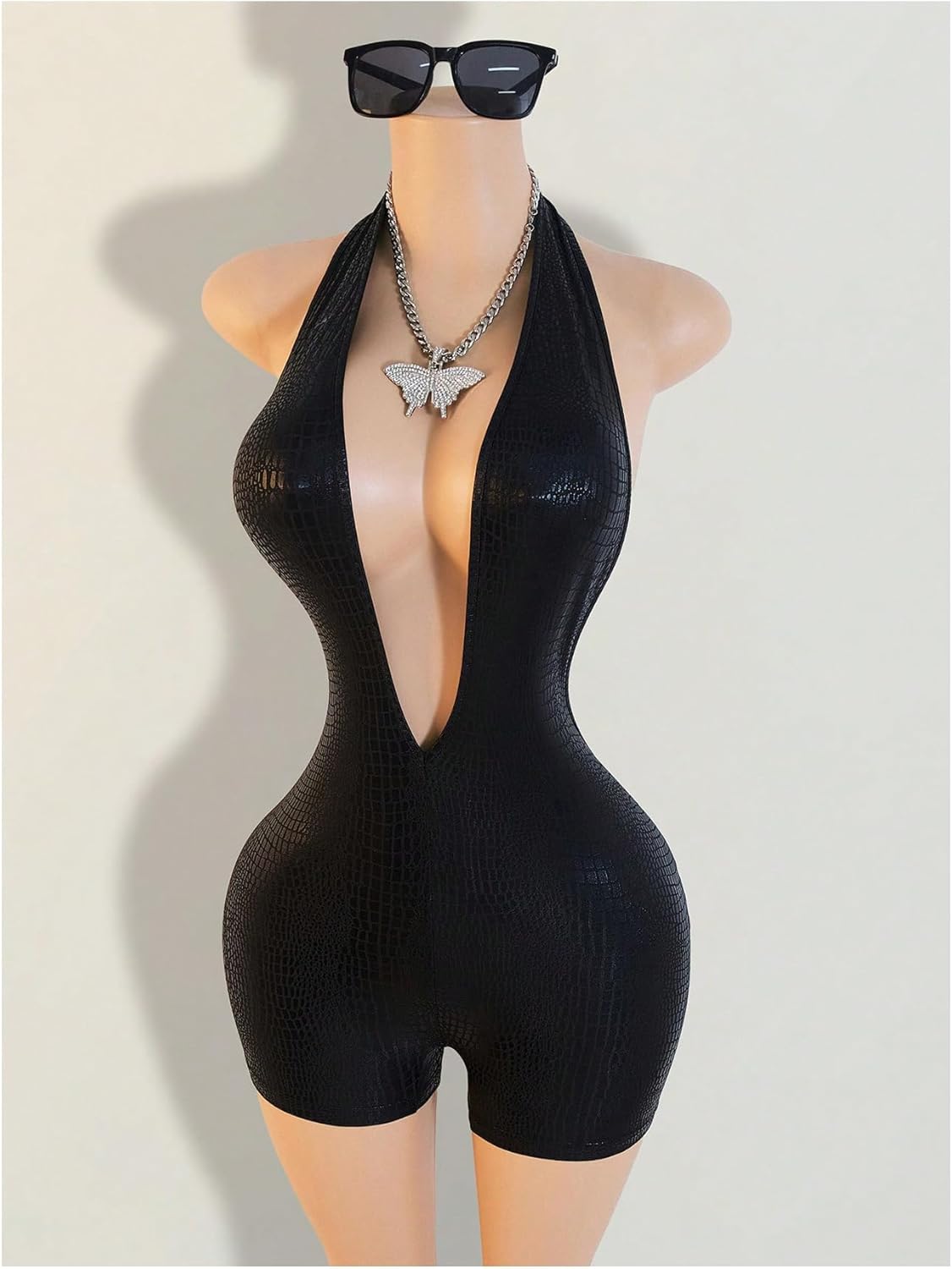 Milumia Women's Faux Leather Halter V Neck Romper Open Back Bodycon Jumpsuit Shorts Rave Outfits - Image 5