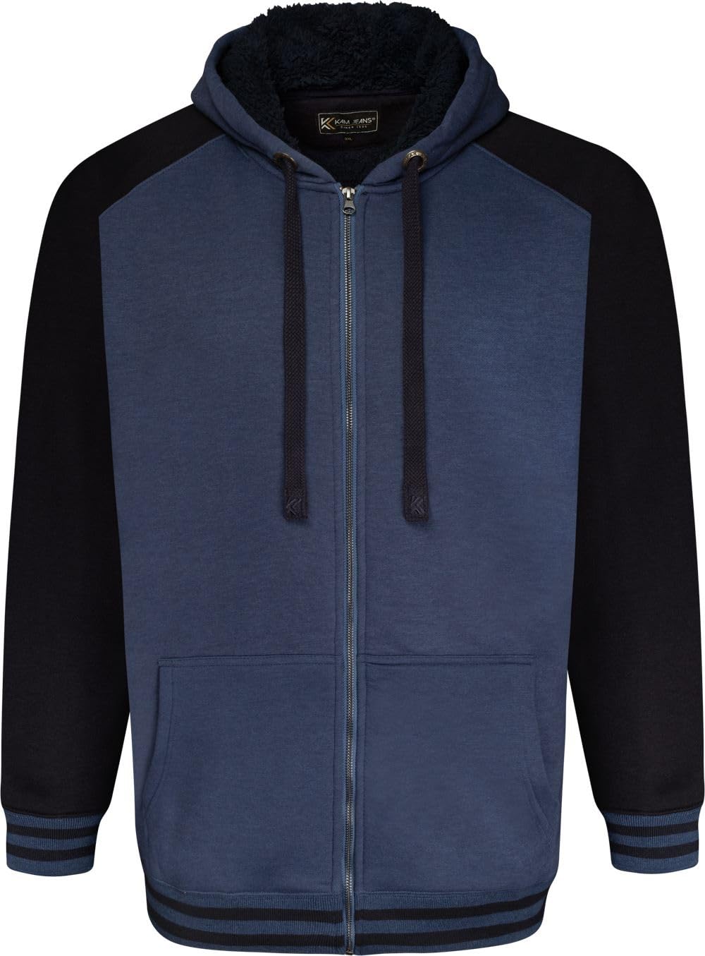Kam Men's Blue Zip Through Sherpa Lined Raglan Hoodie - 8XL