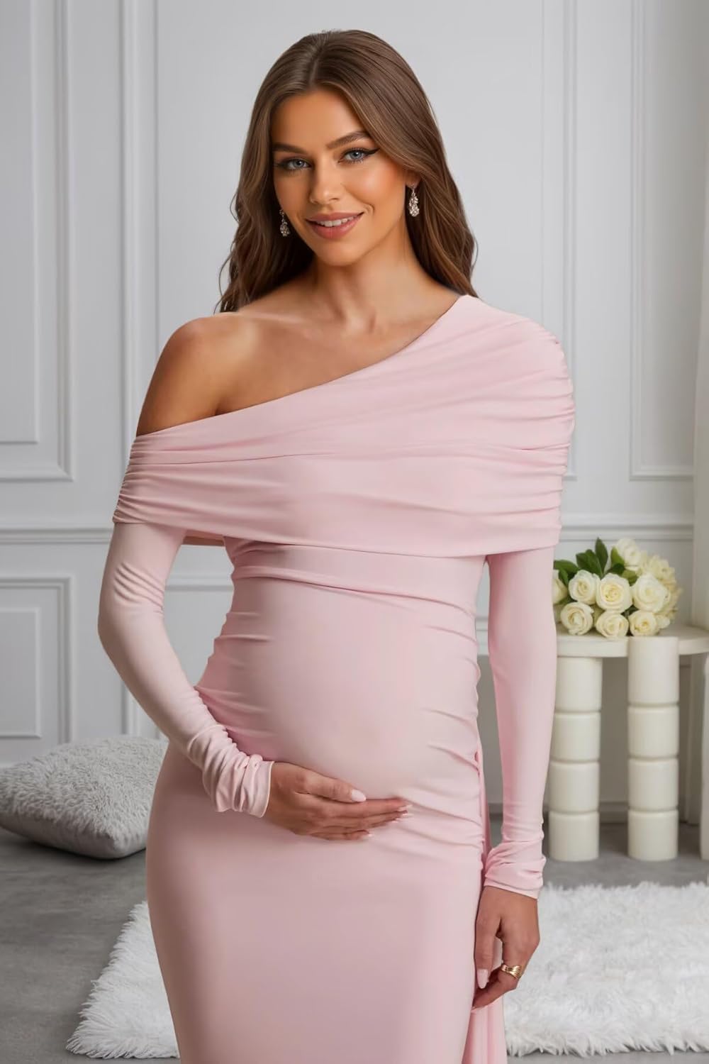 Long Sleeve Maternity Dress for Photoshoot 2026 One Shoulder Satin Bodycon Tight Baby Shower Dress