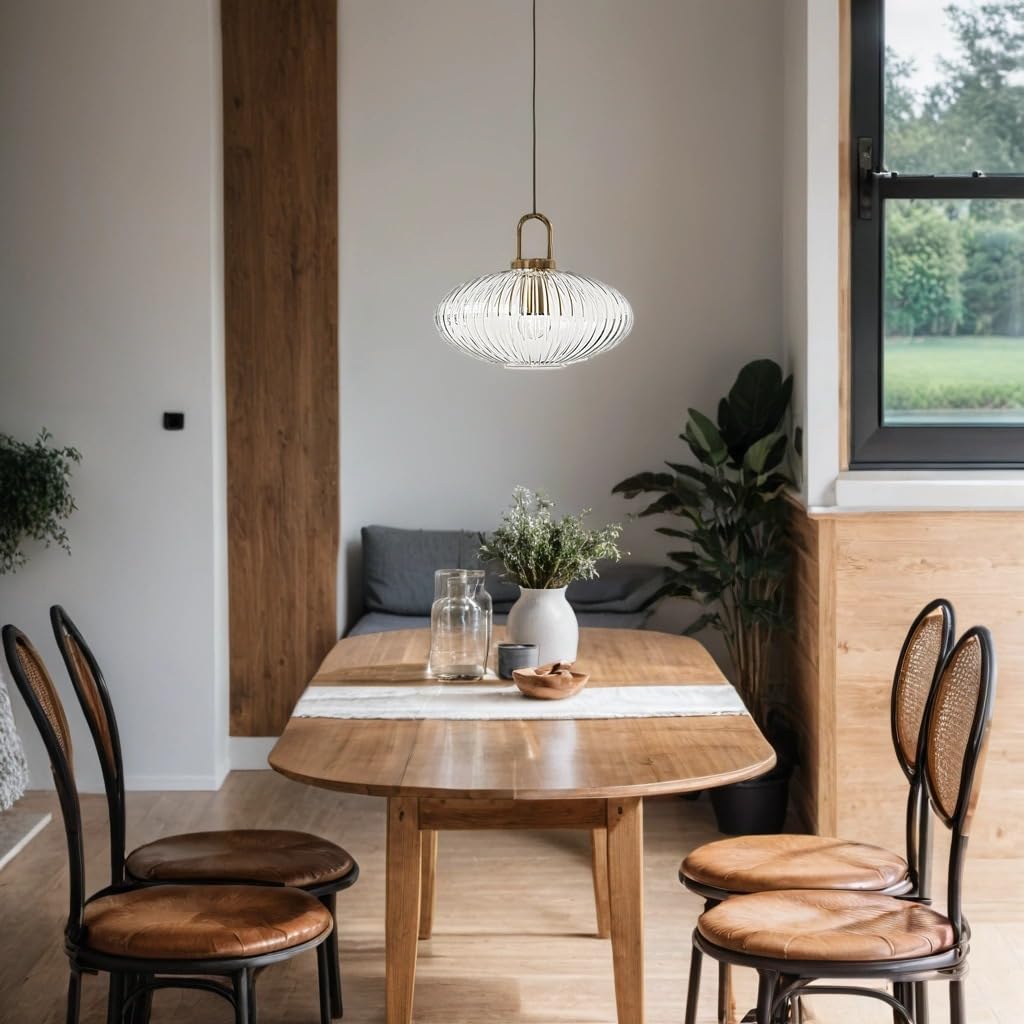 Lampadario Moderno in Vetro Trasparente a Righe, Lampada a Sospensione Regolabile con Finitura Ottone, Plafoniera E27 per Isola della Cucina, Sala da Pranzo, Camera da Letto (30cm)