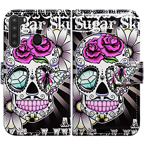 Bcov Case for Galaxy A21, Purple Flower Sugar Skull Leather Flip Case Wallet Cover with Card Slot Holder Kickstand for Samsung Galaxy A21 2020
