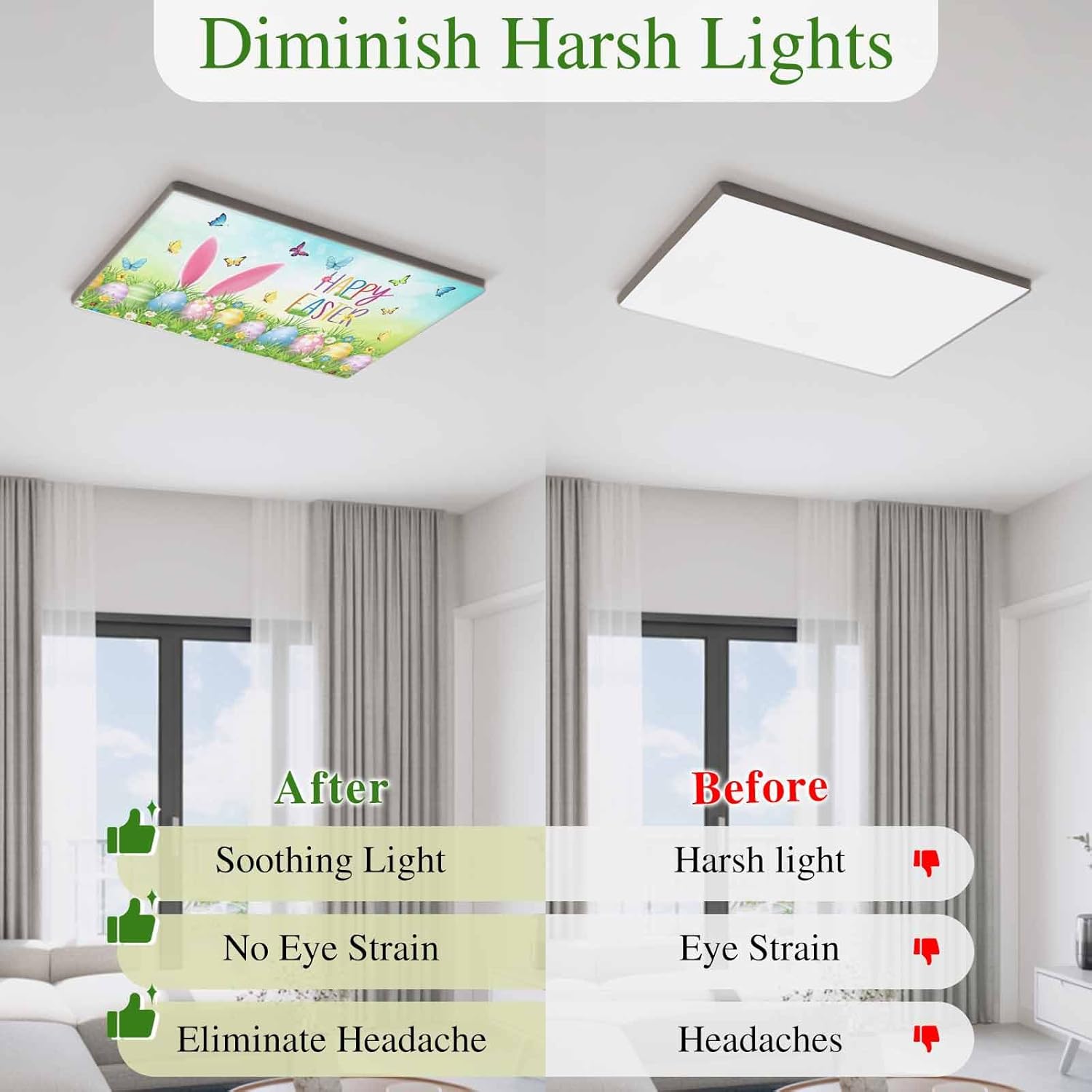 2x4 ft Fluorescent Light Cover for Ceiling Easter Egg Rabbit Ear Magnetic Light Filters, Spring Pastoral Butterfly Daisy Flower Ceiling Lampshades for Home School Office 4Pcs