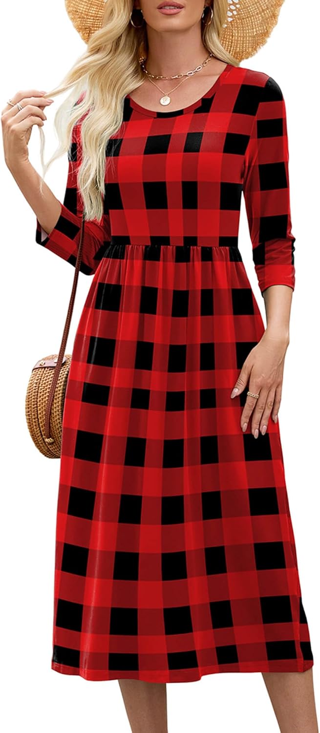 Heymoments Women's Casual 3/4 Sleeve Midi Dress Crewneck A Line Tiered Flowy Loose Travel Long Dresses with Pockets