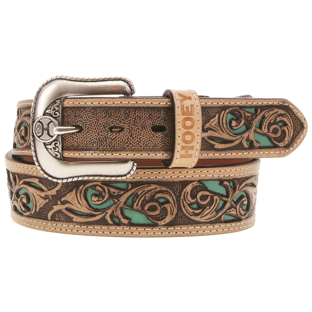 HOOEY Men's Leather Hand Tooled Filigree Cutout Belt Tan 32