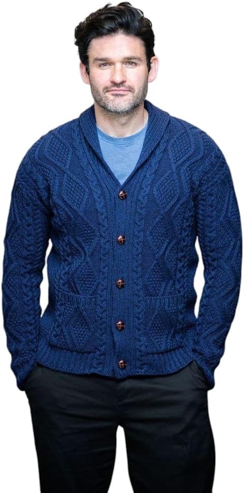 Men's Cardigan Wool Knit Shawl Collar Casual Sweater with Buttons (Medium, Blue)