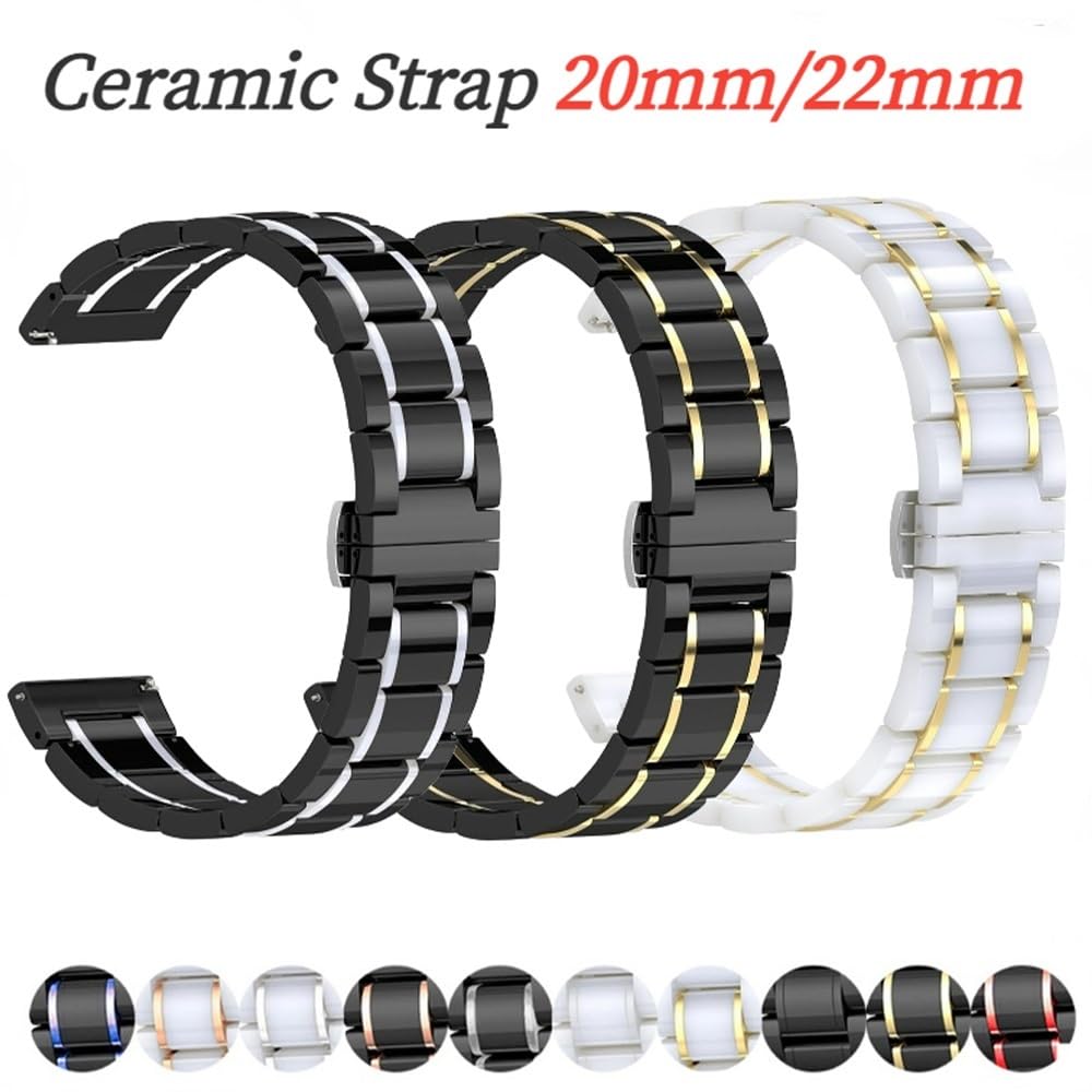 Correa de cerámica Universal para Reloj (20 mm, 22 mm, Cierre desplegable de liberación rápida) (Negro, 20 mm)