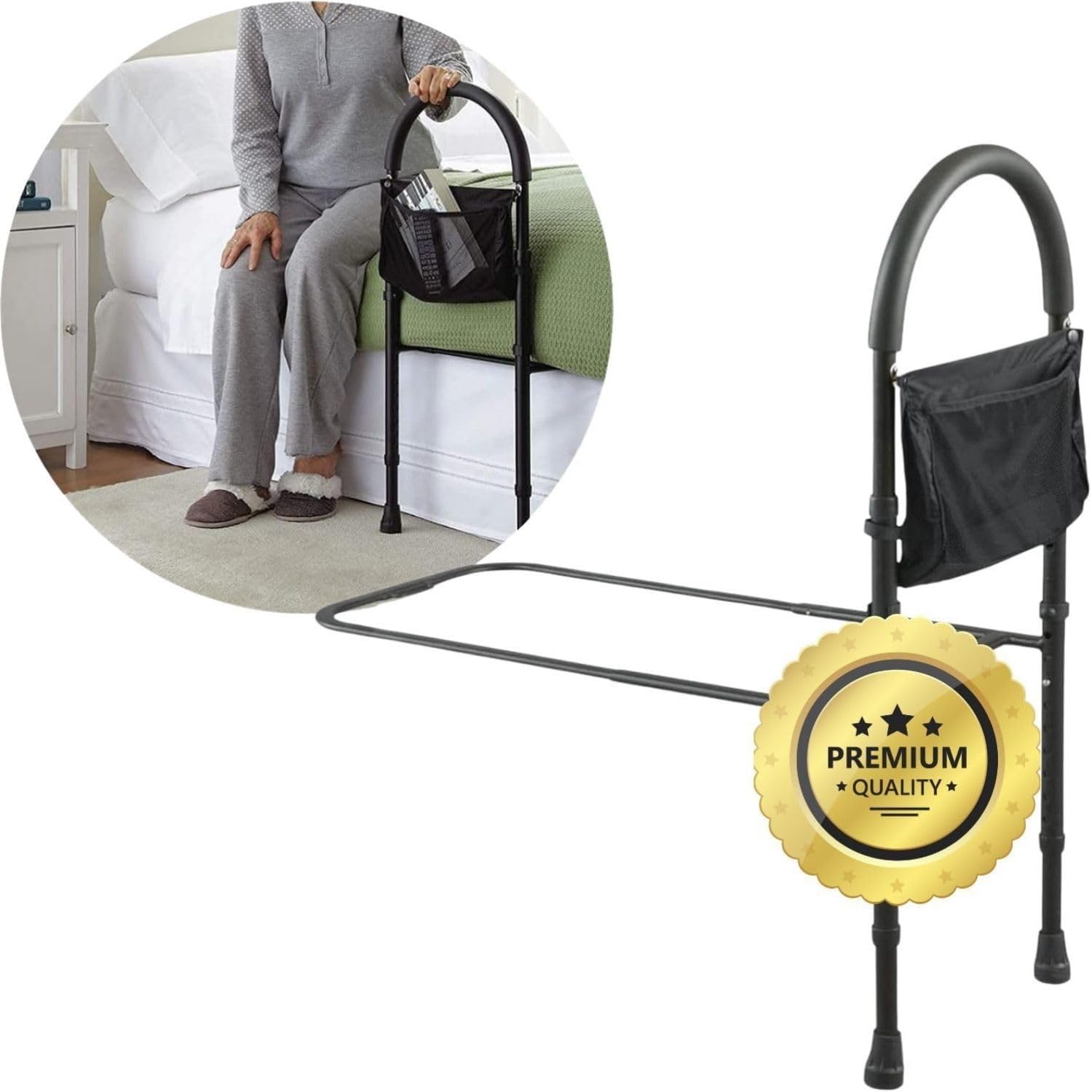 OrtoPrime Maniglia da Comodino Confort – Barriera di Sicurezza per Adulti – Sponda Laterale con Porta Riviste – Impugnatura Imbottita – Aiuto per Alzarsi dal Letto Anticaduta Nera