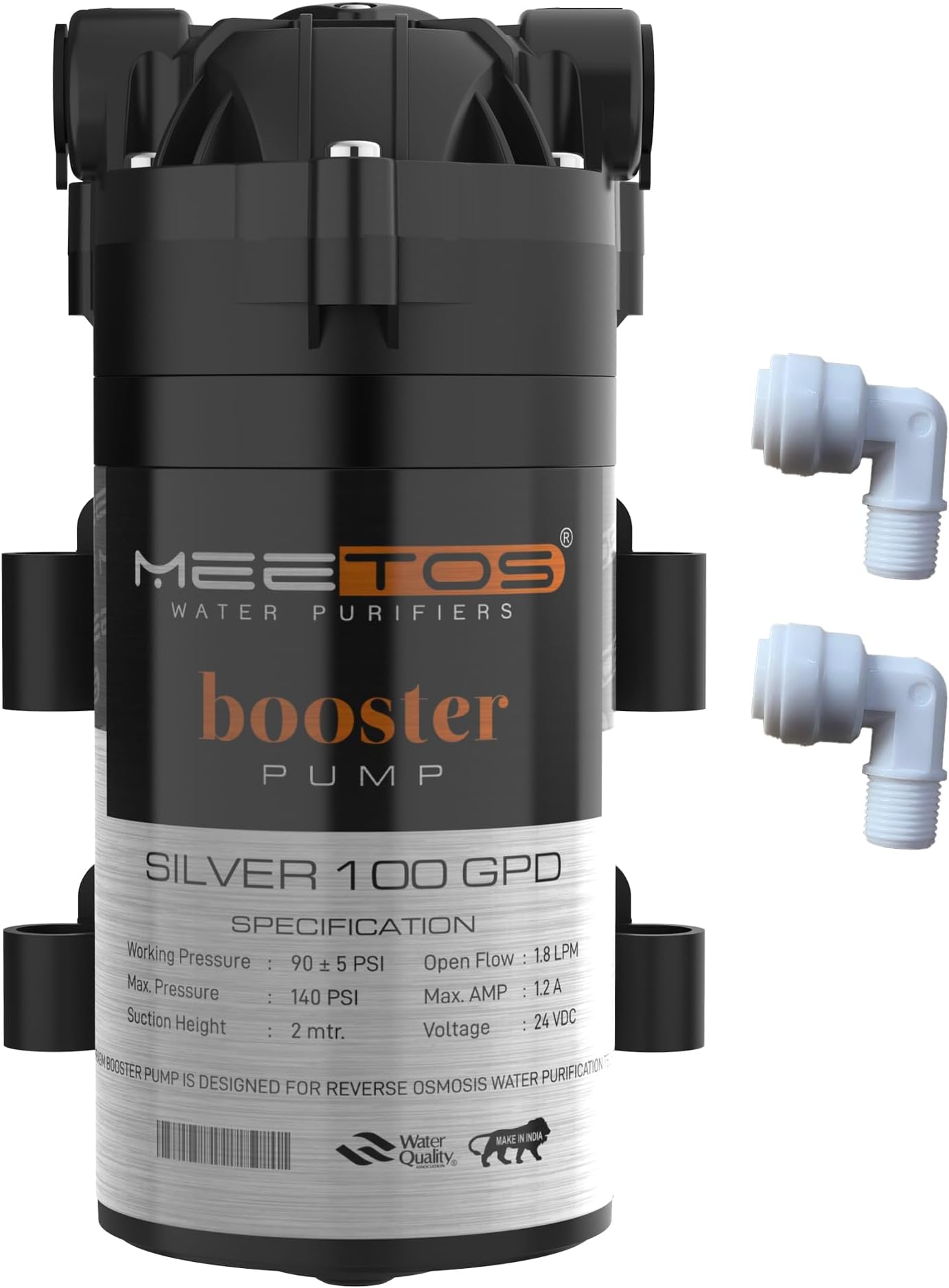 MEETOS SILVER Booster Pump 100 GPD, Motor 100 GPD with Elbow Compatible with All Types of Water Purifier, Noiseless, Universal Type Motor, 2 Year Warranty