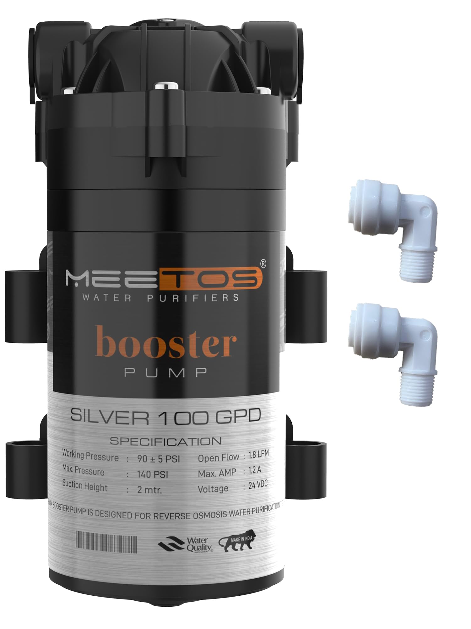 MEETOS SILVER Booster Pump 100 GPD, Motor 100 GPD with Elbow Compatible with All Types of Water Purifier, Noiseless, Universal Type Motor, 2 Year Warranty