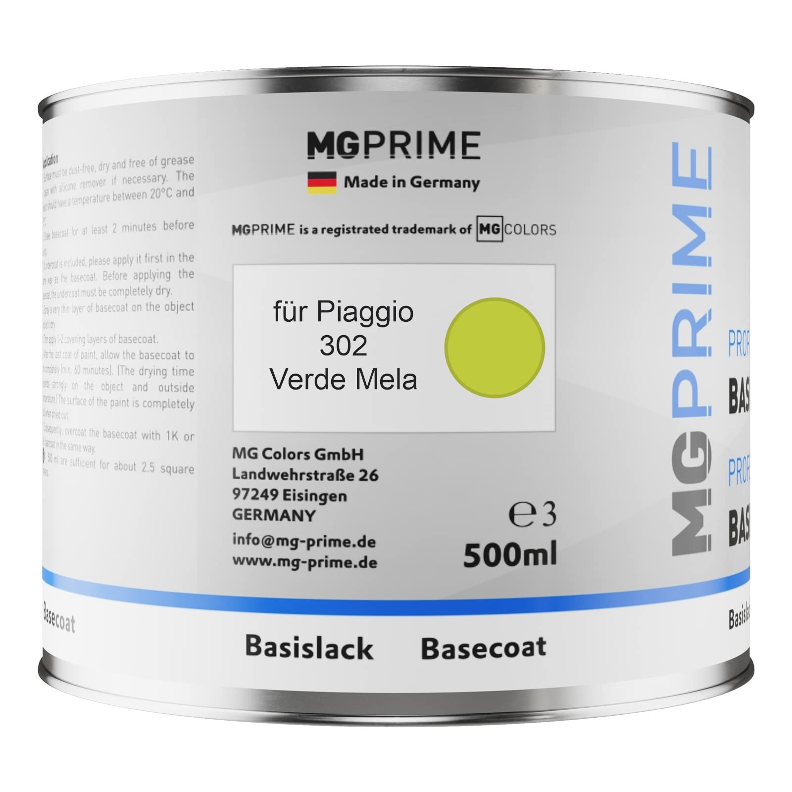 MG PRIME Vernice per auto Barattolo pronto all’uso per Piaggio 302 Verde Mela Vernice di base 0,5 litri 500ml