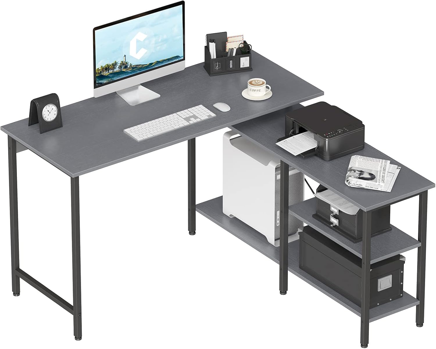 CubiCubi L Shaped Desk, Computer Coner Desk, Home Office Writing Desk, Side Removable with Storage Shelves, Rustic Brown