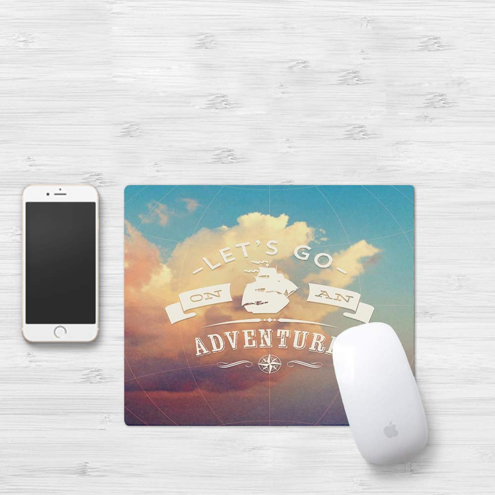 Gaming Mouse Pad, Adventure,Open Sky with Sublime Cloud Inspiring Quote Lets Go on an Adventure Print Decorative,Sky Blue Cre,Thick Waterproof Mouse Mat Gaming Functional Non-slip Rubber Base320x250mm