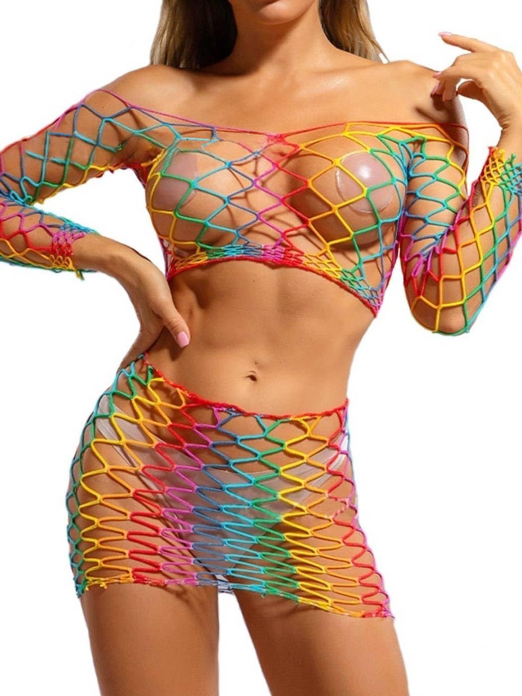 Rainbow Fishnet Bodystockings Mesh Bodysuit Elastic Lingerie Rave Party Bodysuit for Women and Girls