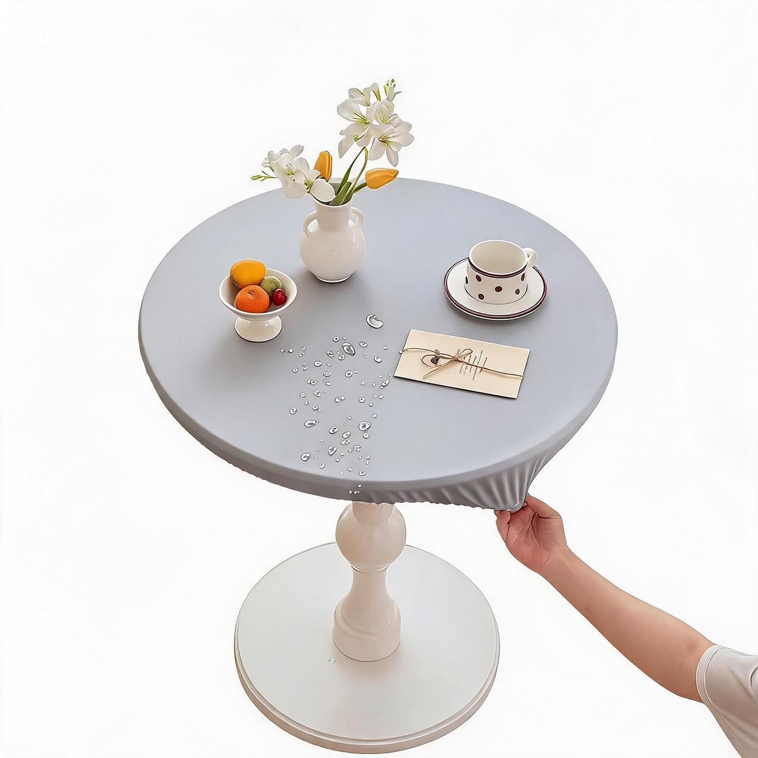 Nappe ronde en cuir PU soft touch gris 150cm élastique au design ajusté haut de gamme pour table