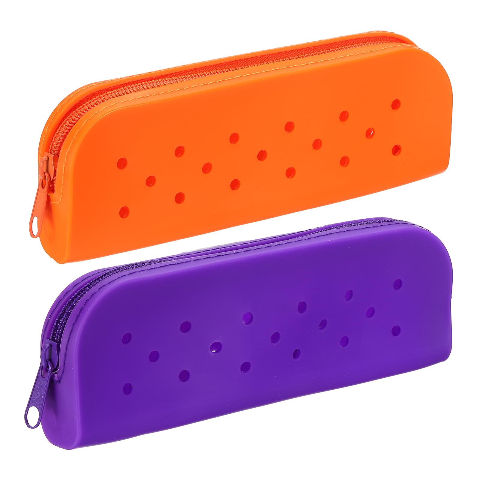 PATIKIL 2 Pack Silicone Pencil Pouch, Small Pencil Pouch Case with DIY Holes Cute Silicone Stationery Organizer for Office Travel Makeup, Orange/Dark Purple