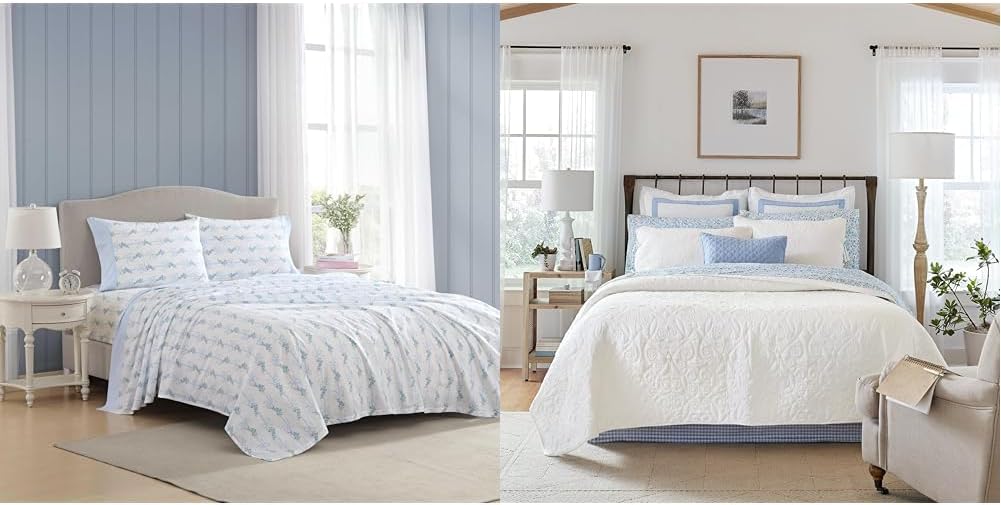 Laura Ashley - Twin Bedding Bundle, Reversible Comforter with Matching Sham & Cotton Percale Sheet Set, Deep Pocket, Dorm Essentials (Blue/White)