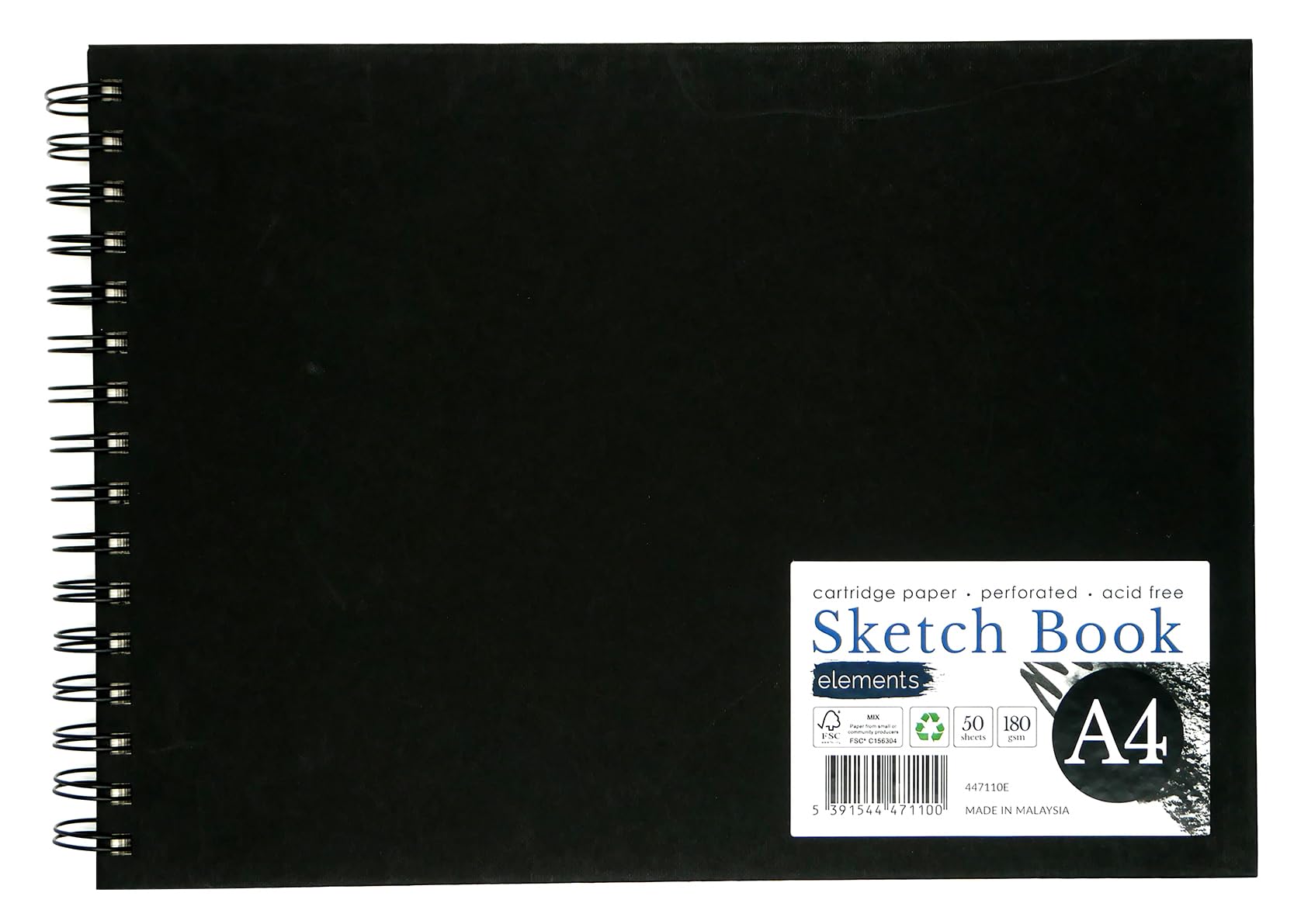 Elements A4 Wire-O Sketch Book, Black, Black A4 - Landscape