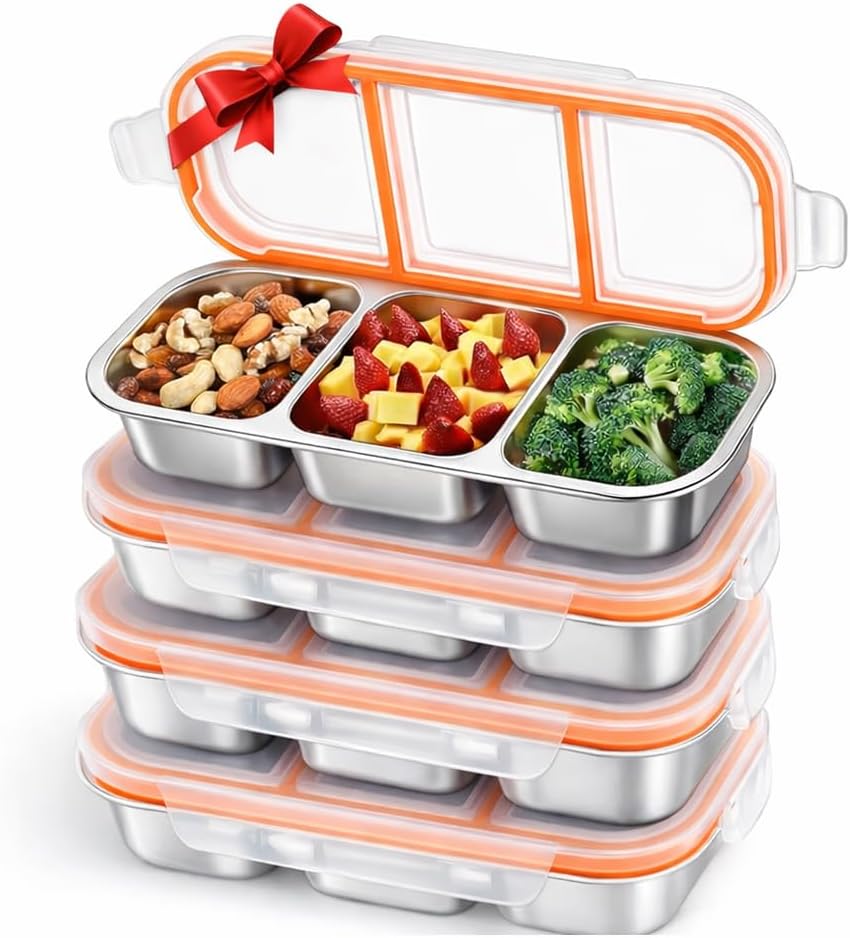 Set of 3 Pack Stainless Steel Snack Container,3 Compartment Bento Lunch Box with Leakproof Grey & Orange Lid,Reusable Metal Food Storage Container,Portable Snack Box for Work,1.5 lb Capacity