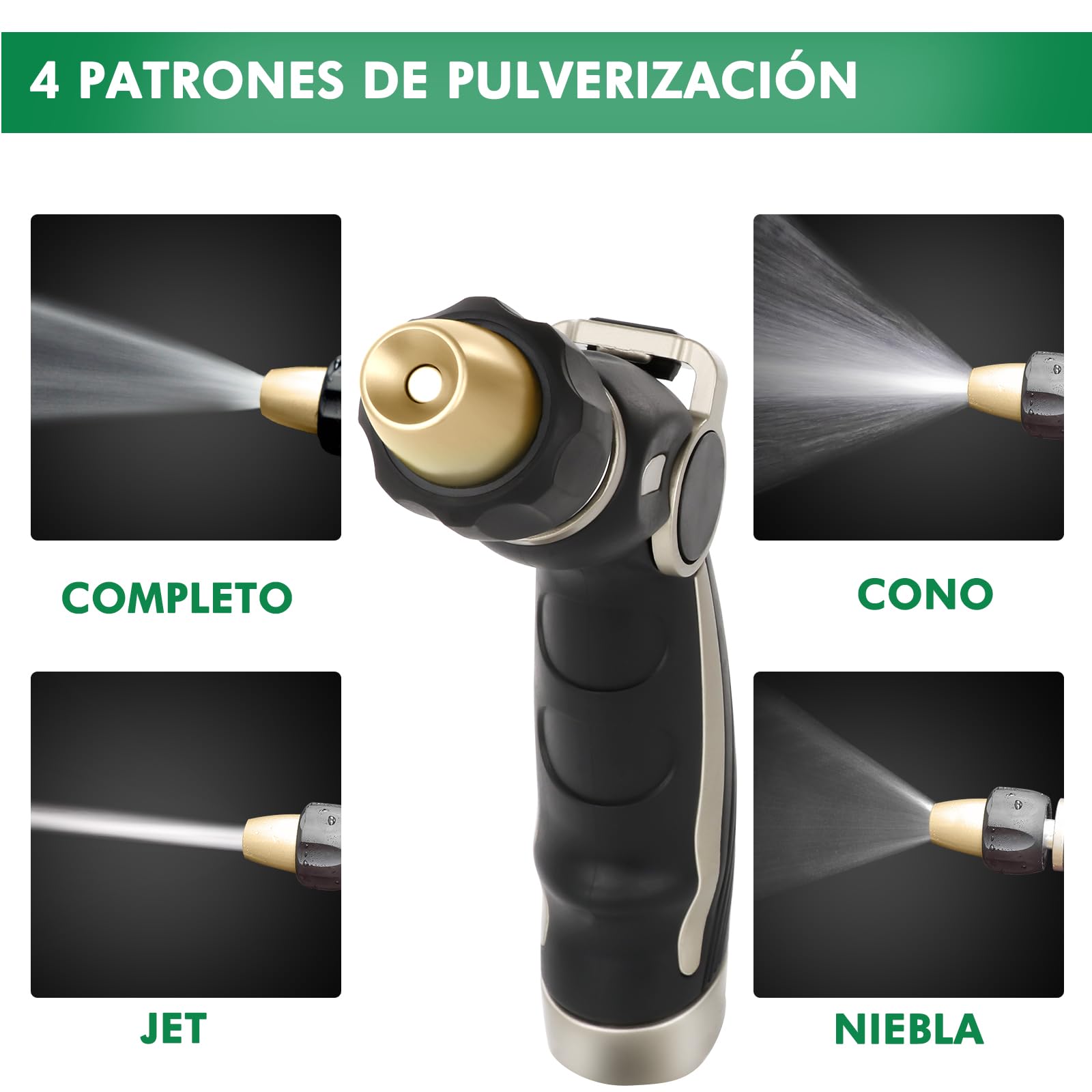RESTMO Pistola con Manguera de Alta Presión y Boquilla de Latón, Para Regar Plantas, Lavar Coches, Limpiar el Jardín, Control de Flujo con el Pulgar,4 Tipos de Chorro