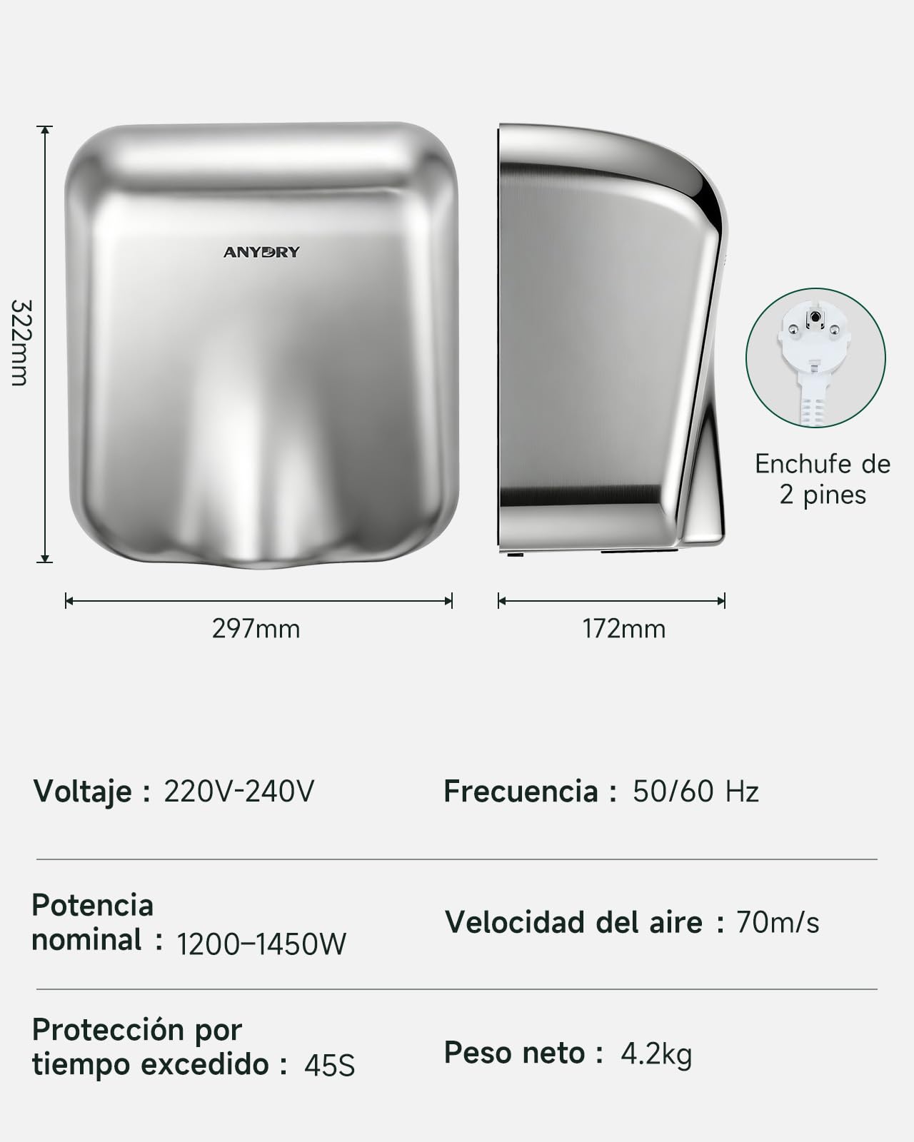 anydry IronStorm 2815 Secamanos Comercial con Filtro HEPA Sensor sin Contacto 1600W Acero Inoxidable Cepillado
