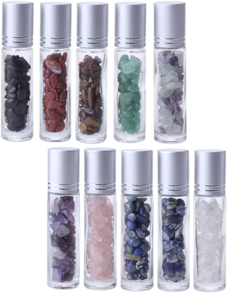 10Pcs 10Ml Glass Roll-On Cosmetic Bottles with Crushed Semi-Precious Stones Design Refillable Essential Oil Containers for Travel and Makeup Storage
