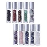 PHENOFICE 10Pcs 10Ml Glass Essential Oil Roll-On Bottles Semiprecious Stone Chips and Aluminum Caps, Refillable Aromatherapy Cosmetic Containers for Travel and Daily Makeup Storage